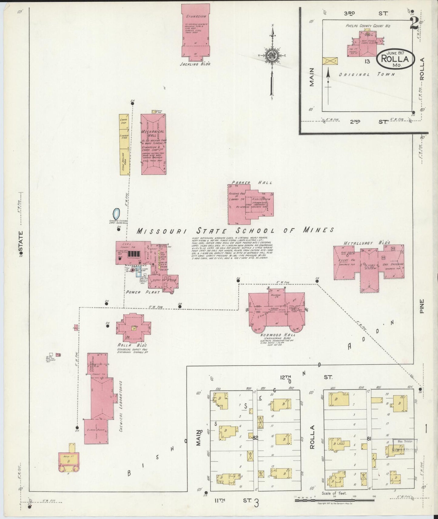Sanborn Fire Insurance Map from Rolla, Phelps County, Missouri (1917), Sheet #0002 - Historic Sanborn Fire Insurance Map Print, vintage old map wall art, antique decor, genealogy gift, Missouri Missouri map