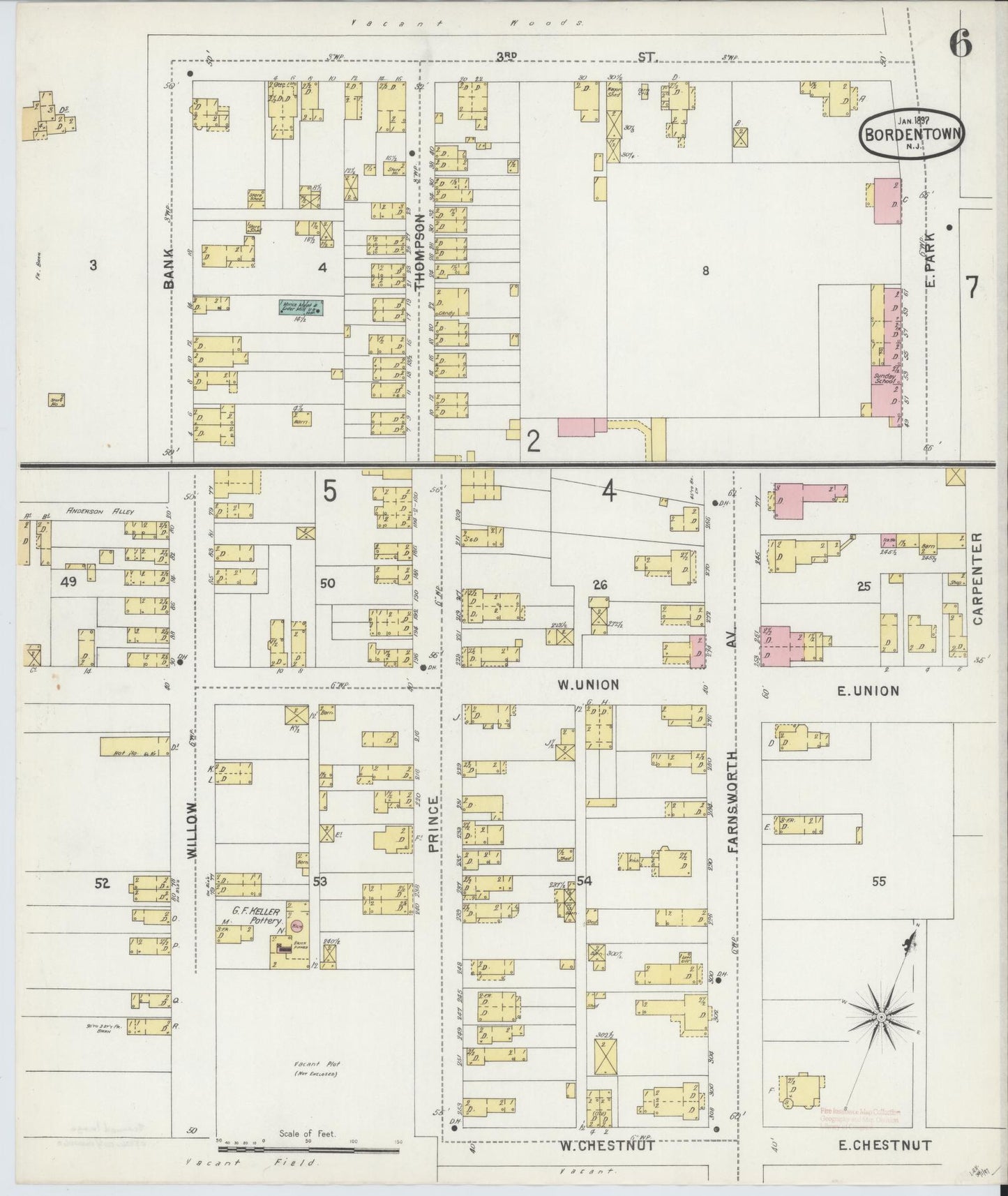 Sanborn Fire Insurance Map from Bordentown, Burlington County, New Jersey (1897), Sheet #0006 - Complete Map Set gallery image, historic Sanborn map, vintage wall art, New Jersey New Jersey