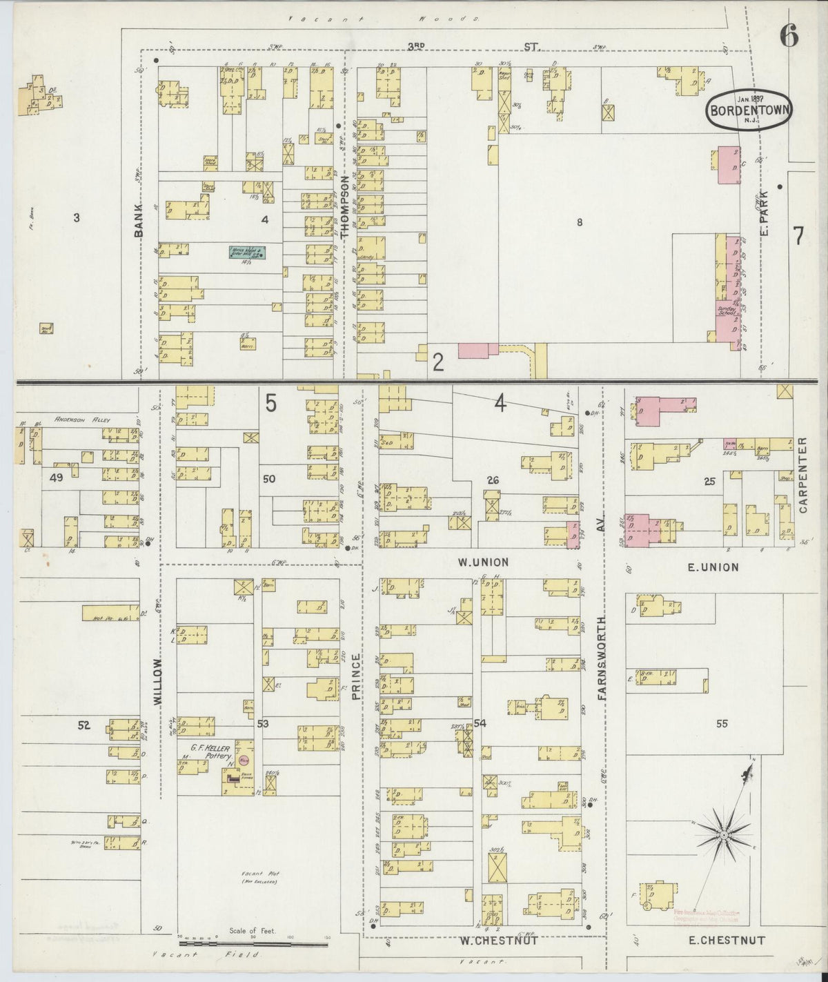 Sanborn Fire Insurance Map from Bordentown, Burlington County, New Jersey (1897), Sheet #0006 - Complete Map Set gallery image, historic Sanborn map, vintage wall art, New Jersey New Jersey