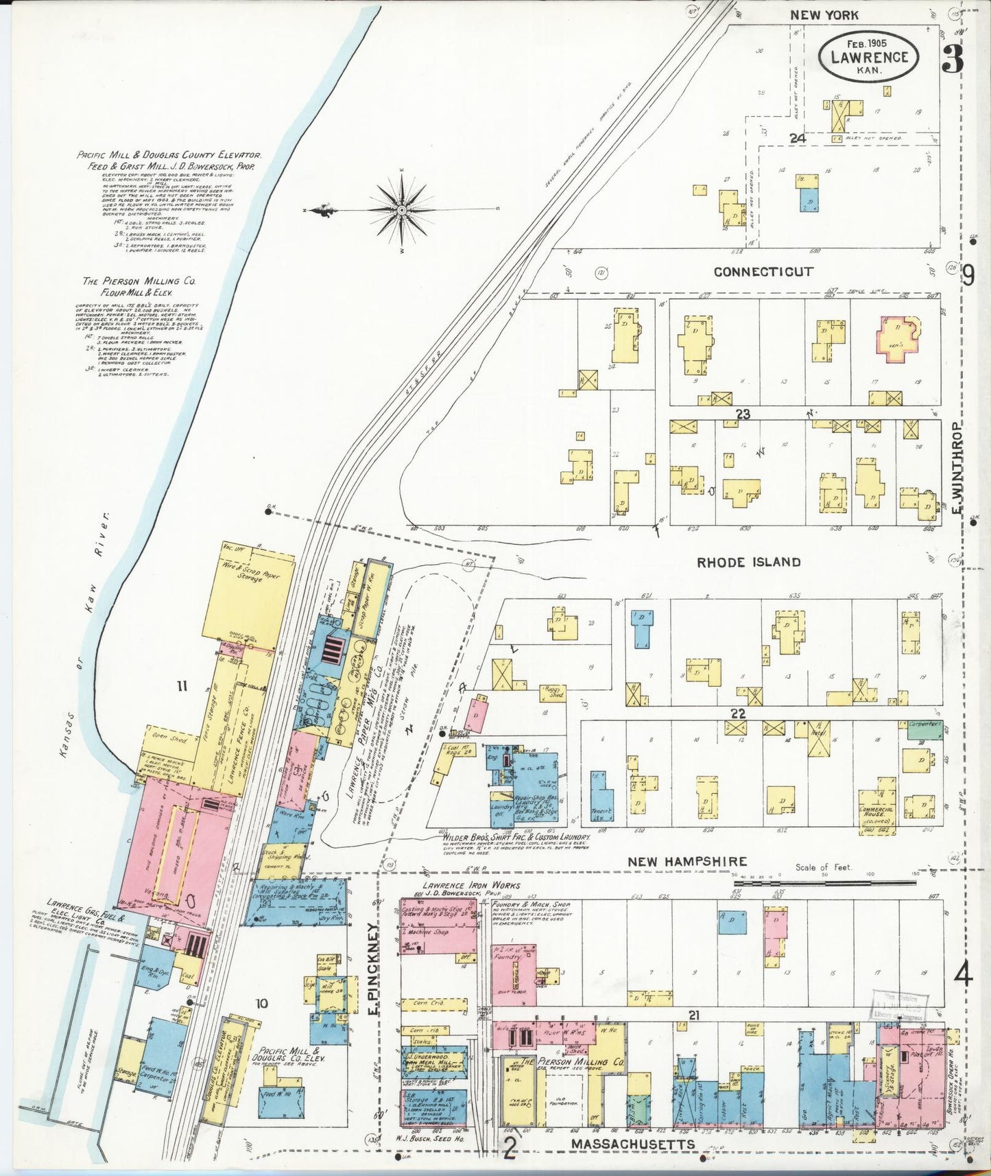 Sanborn Fire Insurance Map from Lawrence, Douglas County, Kansas (1905), Sheet #0003 - Complete Map Set gallery image, historic Sanborn map, vintage wall art, Kansas Kansas