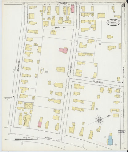 Sanborn Fire Insurance Map from Pittsfield, Berkshire County, Massachusetts (1895), Sheet #0003 - Historic Sanborn Fire Insurance Map Print, vintage old map wall art, antique decor, genealogy gift, Massachusetts Massachusetts map