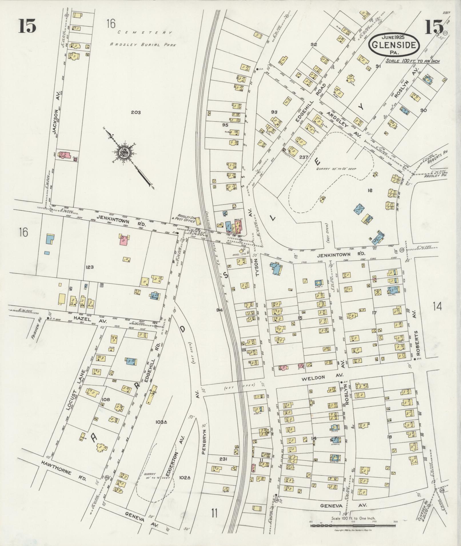 Sanborn Fire Insurance Map from Glenside, Montgomery County, Pennsylvania (1925), Sheet #0015 - Historic Sanborn Fire Insurance Map Print, vintage old map wall art, antique decor, genealogy gift, Pennsylvania Pennsylvania map