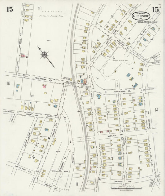 Sanborn Fire Insurance Map from Glenside, Montgomery County, Pennsylvania (1925), Sheet #0015 - Historic Sanborn Fire Insurance Map Print, vintage old map wall art, antique decor, genealogy gift, Pennsylvania Pennsylvania map
