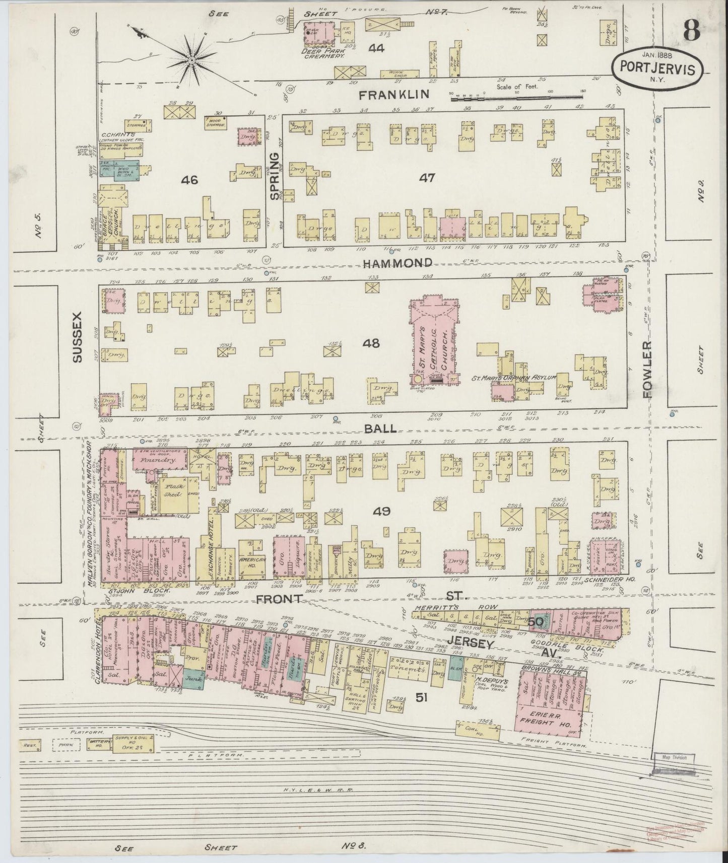 Sanborn Fire Insurance Map from Port Jervis, Orange County, New York (1888), Sheet #0008 - Complete Map Set gallery image, historic Sanborn map, vintage wall art, New York New York