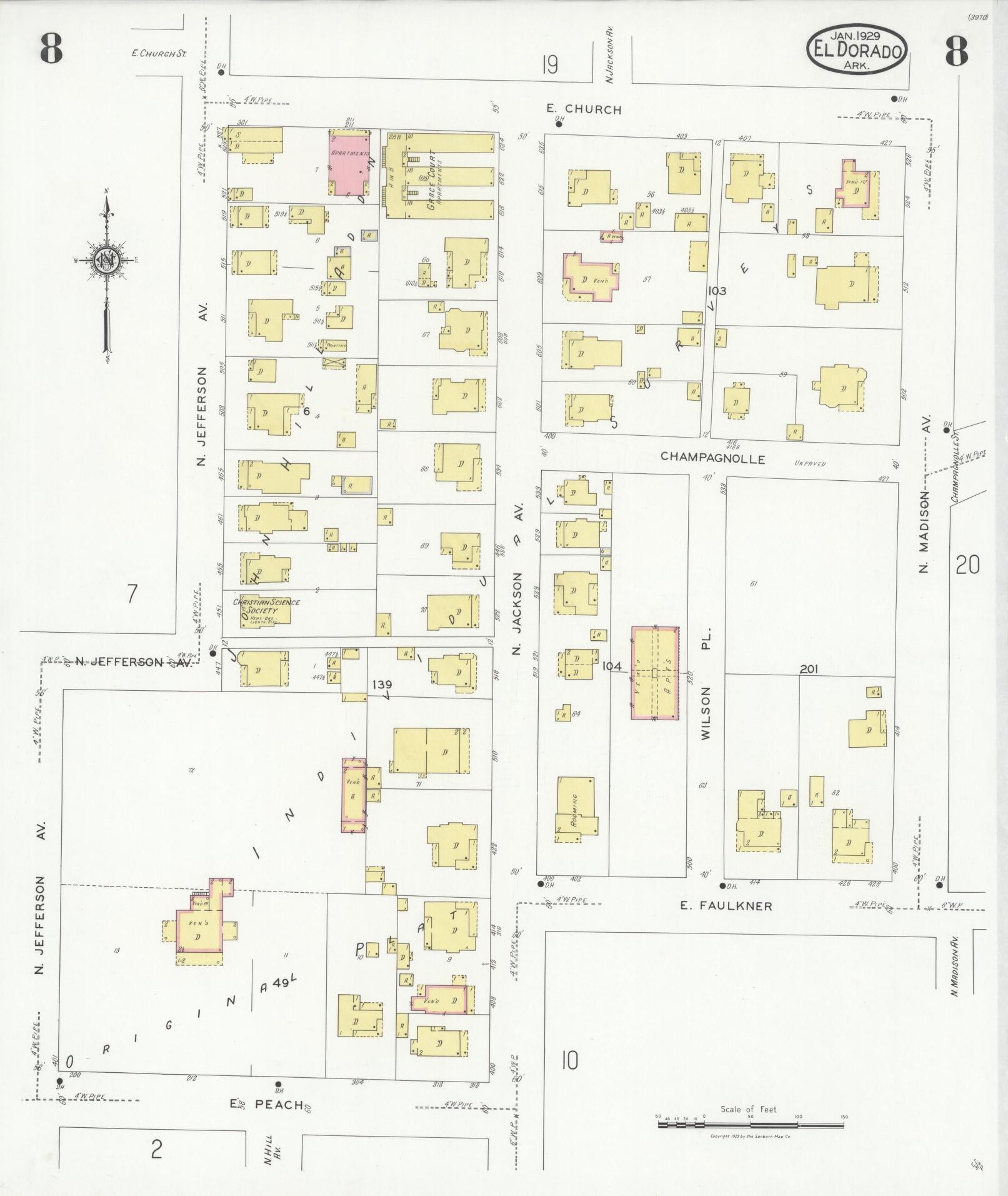 Sanborn Fire Insurance Map from El Dorado, Union County, Arkansas (1929), Sheet #0008 - Historic Sanborn Fire Insurance Map Print, vintage old map wall art, antique decor, genealogy gift, Arkansas Arkansas map