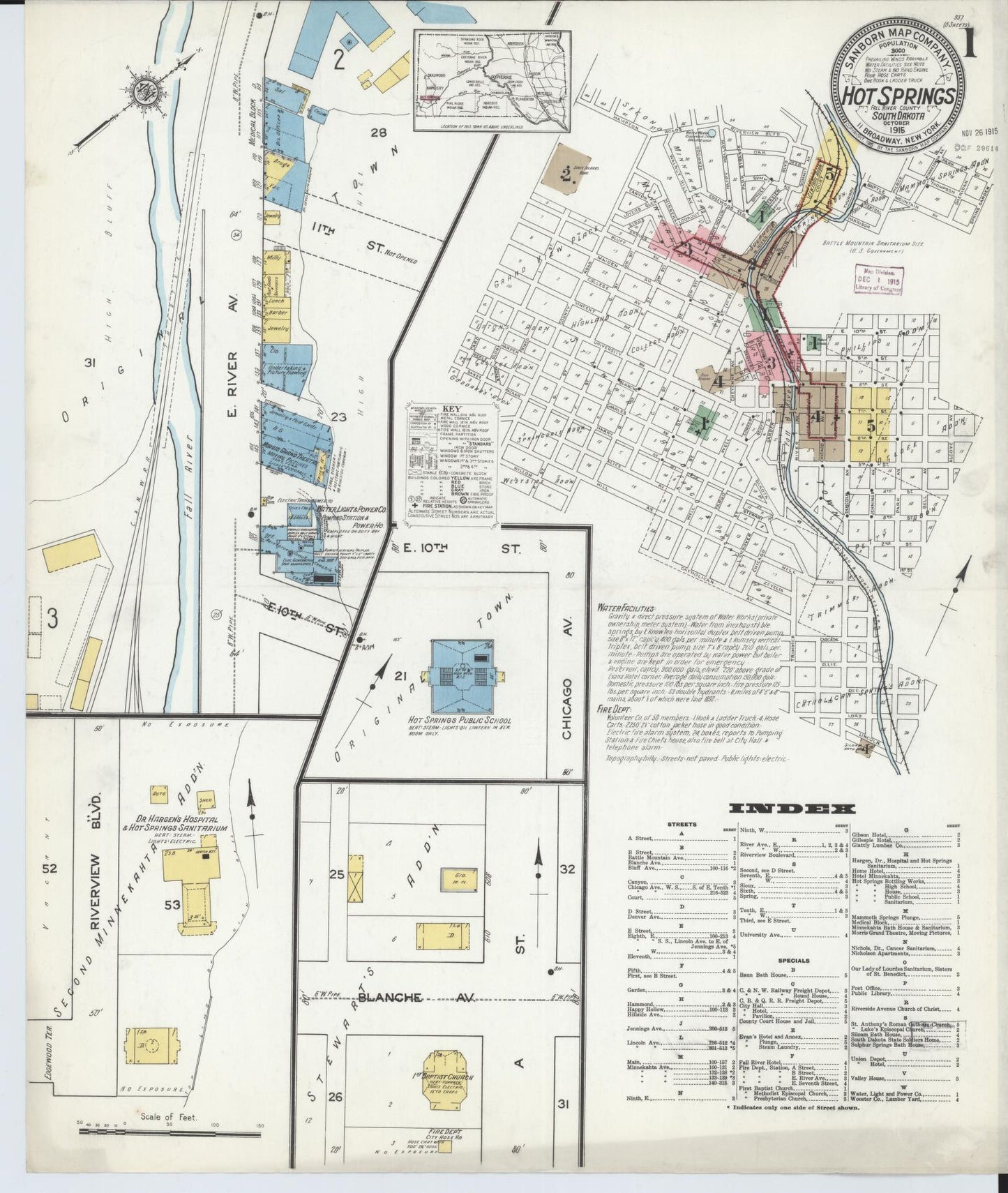 Sanborn Fire Insurance Map from Hot Springs, Fall River County, South Dakota (1915), Sheet #0001 - Historic Sanborn Fire Insurance Map Print, vintage old map wall art, antique decor, genealogy gift, South Dakota South Dakota map