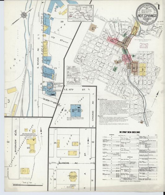 Sanborn Fire Insurance Map from Hot Springs, Fall River County, South Dakota (1915), Sheet #0001 - Historic Sanborn Fire Insurance Map Print, vintage old map wall art, antique decor, genealogy gift, South Dakota South Dakota map