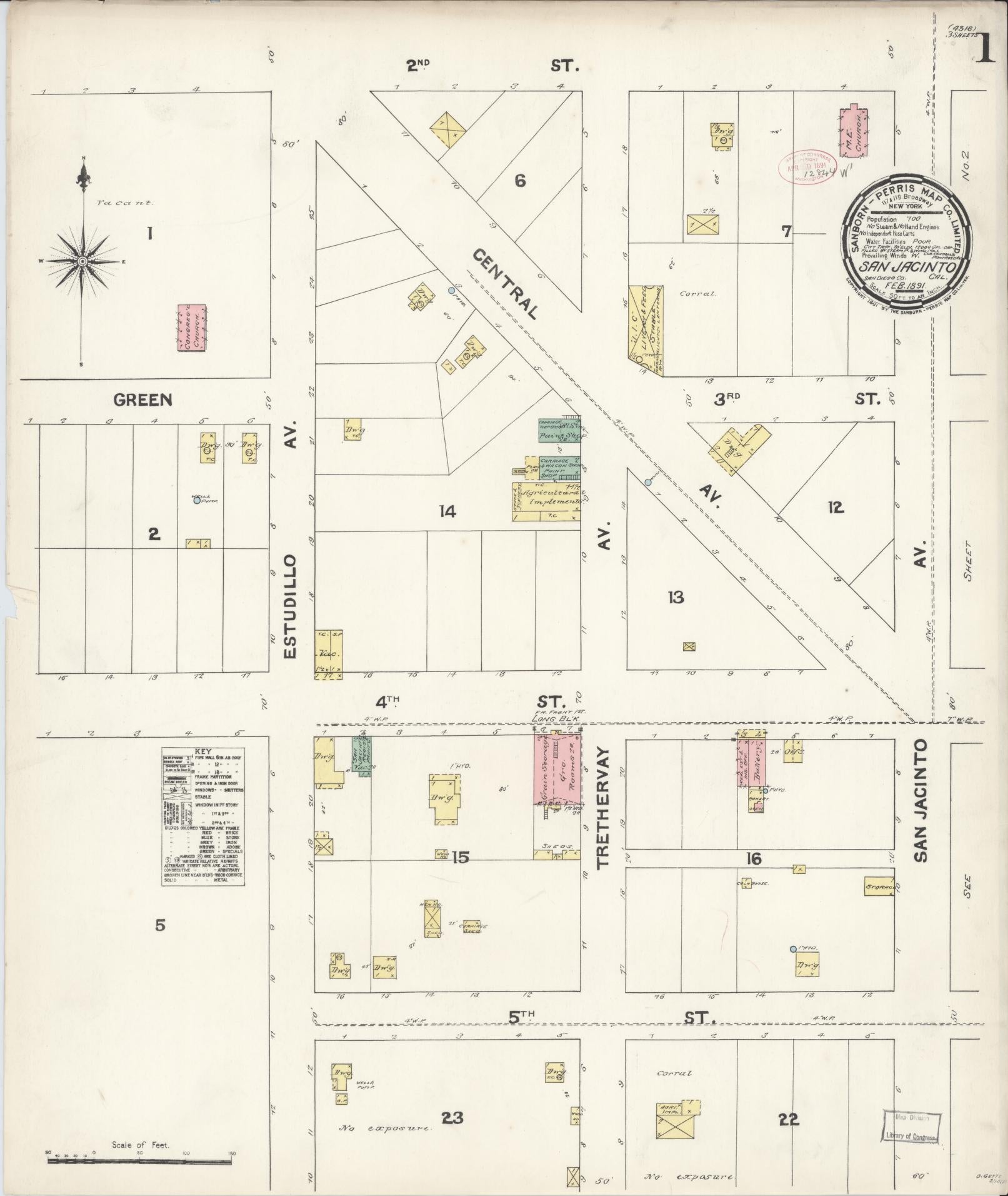 Sanborn Fire Insurance Map from San Jacinto, Riverside County, California (1891), Sheet #0001 - Complete Map Set gallery image, historic Sanborn map, vintage wall art, California California