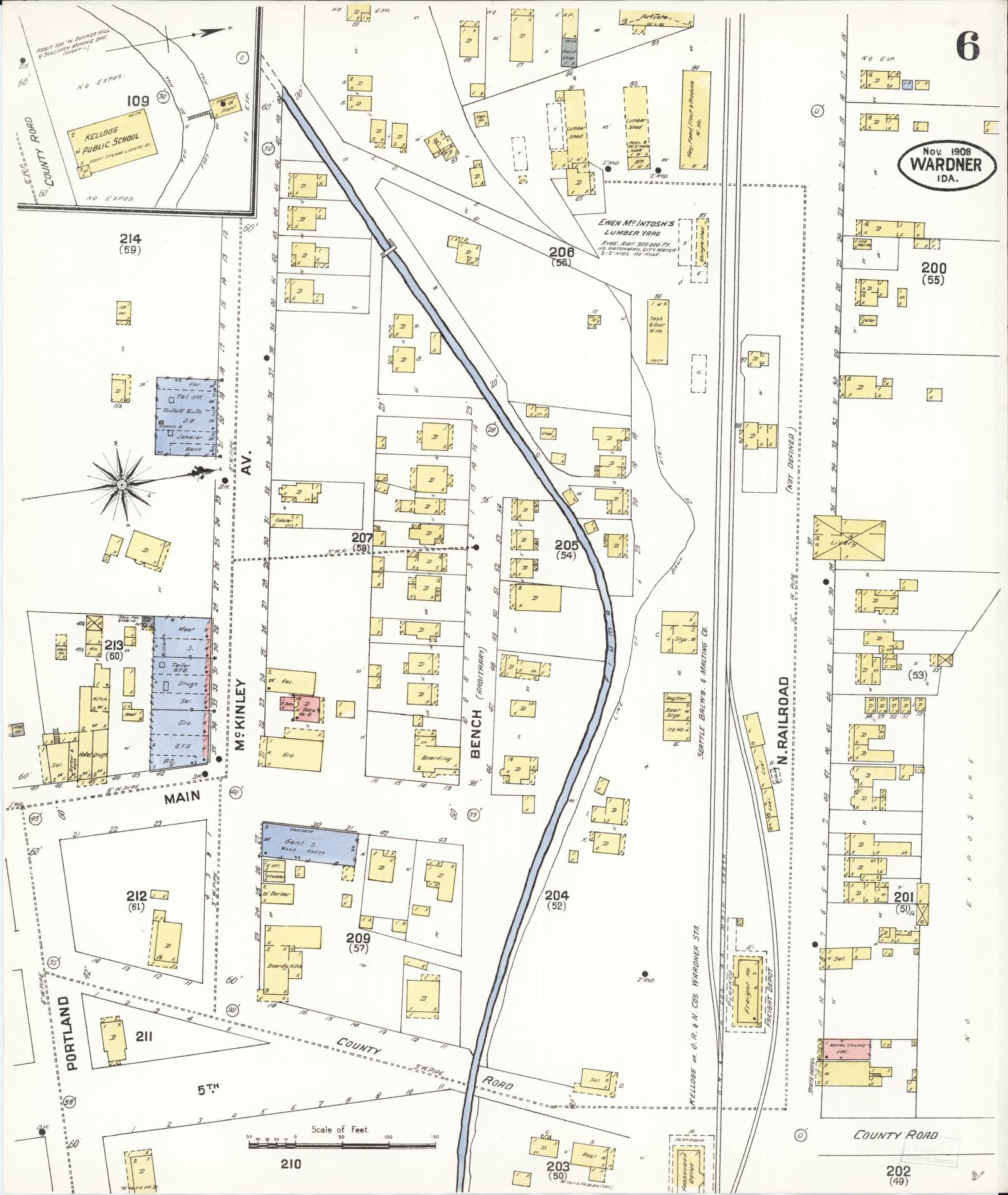 Sanborn Fire Insurance Map from Wardner, Shoshone County, Idaho (1908), Sheet #0006 - Historic Sanborn Fire Insurance Map Print, vintage old map wall art, antique decor, genealogy gift, Idaho Idaho map