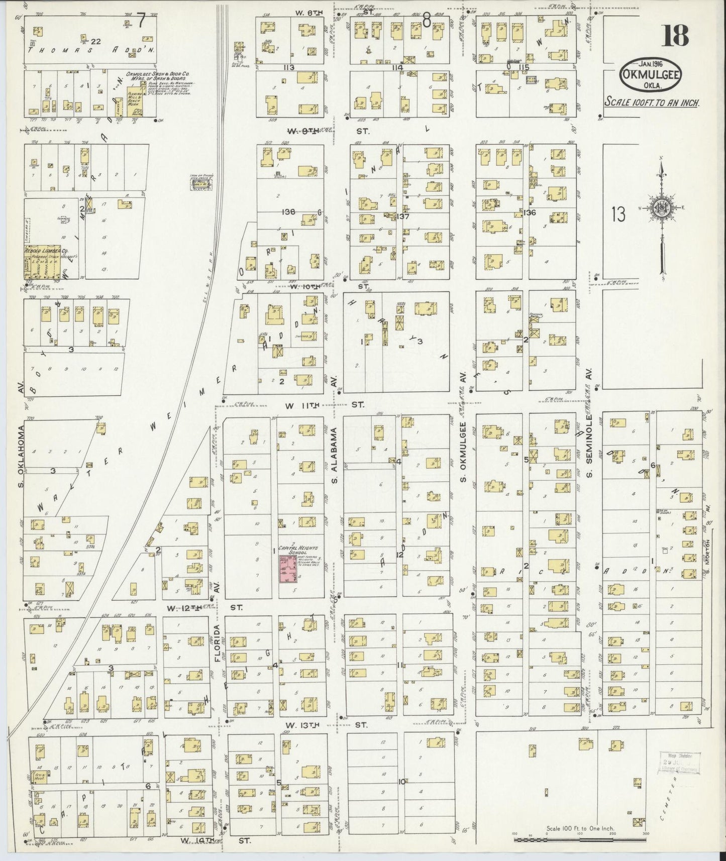 Sanborn Fire Insurance Map from Okmulgee, Okmulgee County, Oklahoma (1916), Sheet #0018 - Complete Map Set gallery image, historic Sanborn map, vintage wall art, Oklahoma Oklahoma