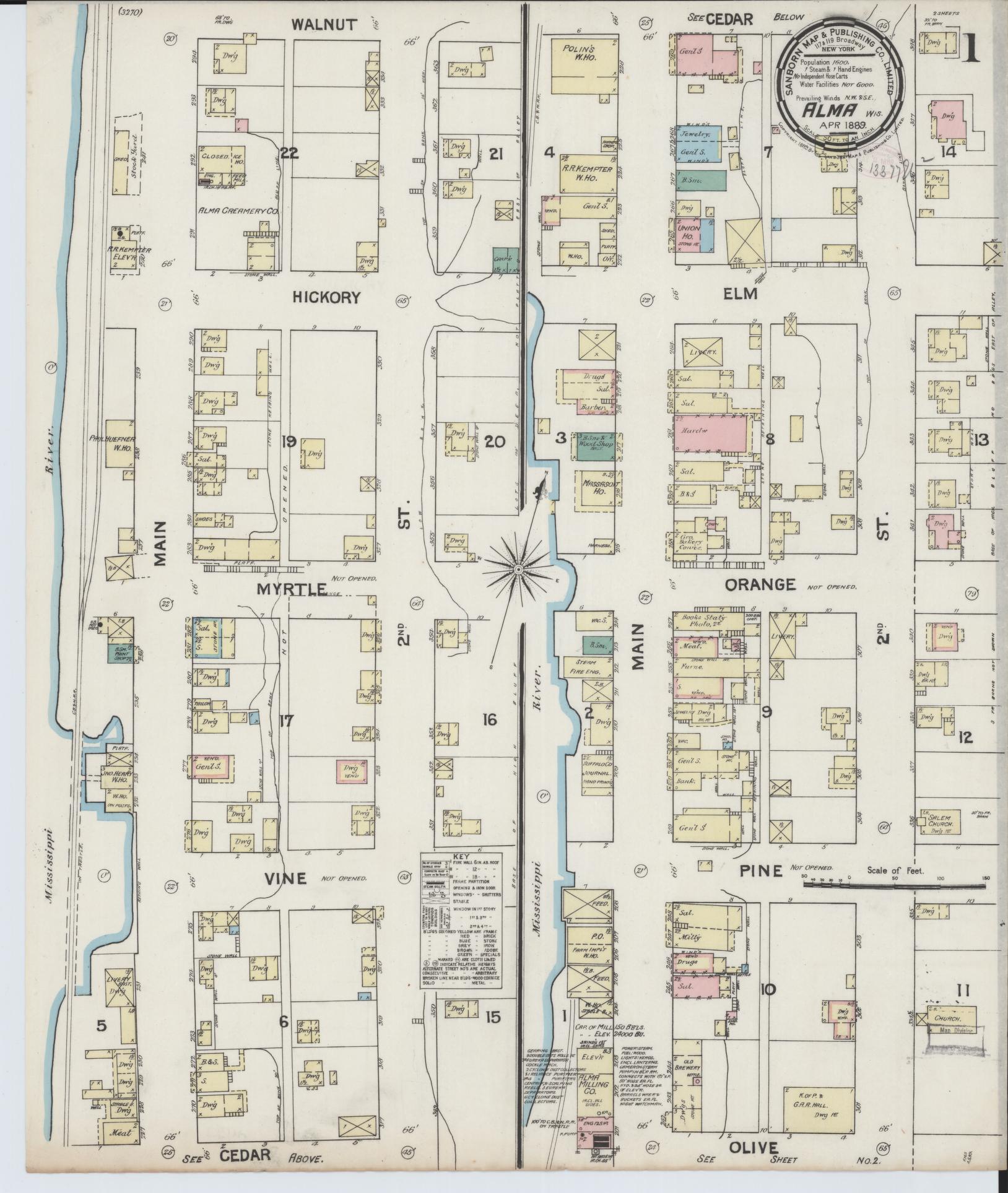 Sanborn Fire Insurance Map from Alma, Buffalo County, Wisconsin (1889), Sheet #0001 - Complete Map Set gallery image, historic Sanborn map, vintage wall art, Wisconsin Wisconsin