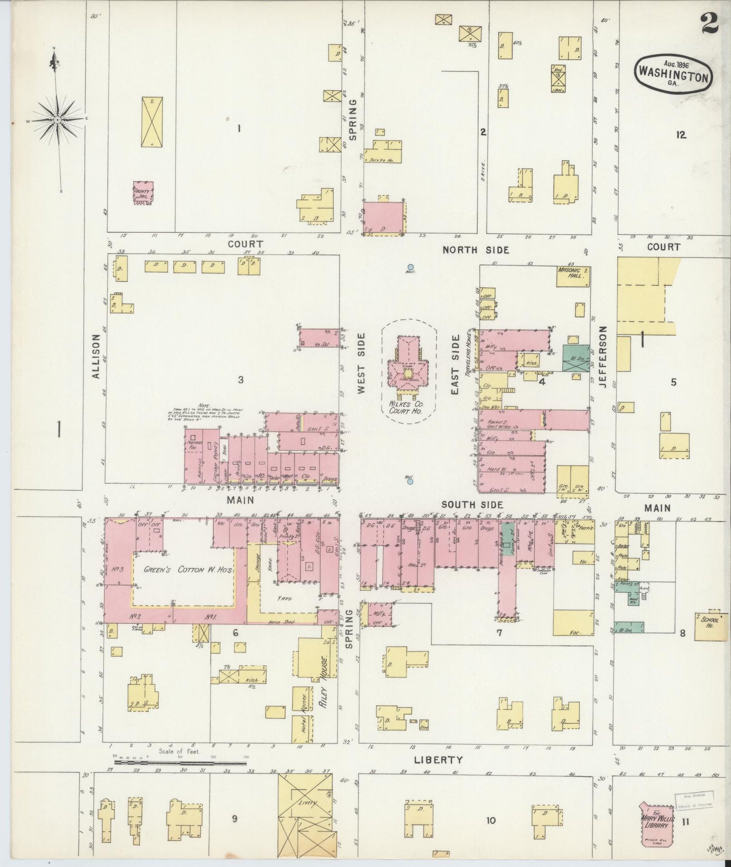 Sanborn Fire Insurance Map from Washington, Wilkes County, Georgia (1896), Sheet #0002 - Historic Sanborn Fire Insurance Map Print, vintage old map wall art, antique decor, genealogy gift, Washington Washington map
