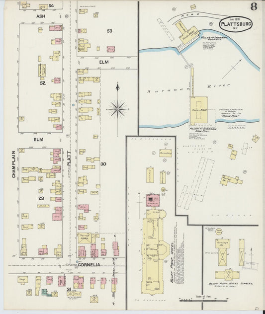 Sanborn Fire Insurance Map from Plattsburg, Clinton County, New York (1891), Sheet #0008 - Historic Sanborn Fire Insurance Map Print, vintage old map wall art, antique decor, genealogy gift, New York New York map
