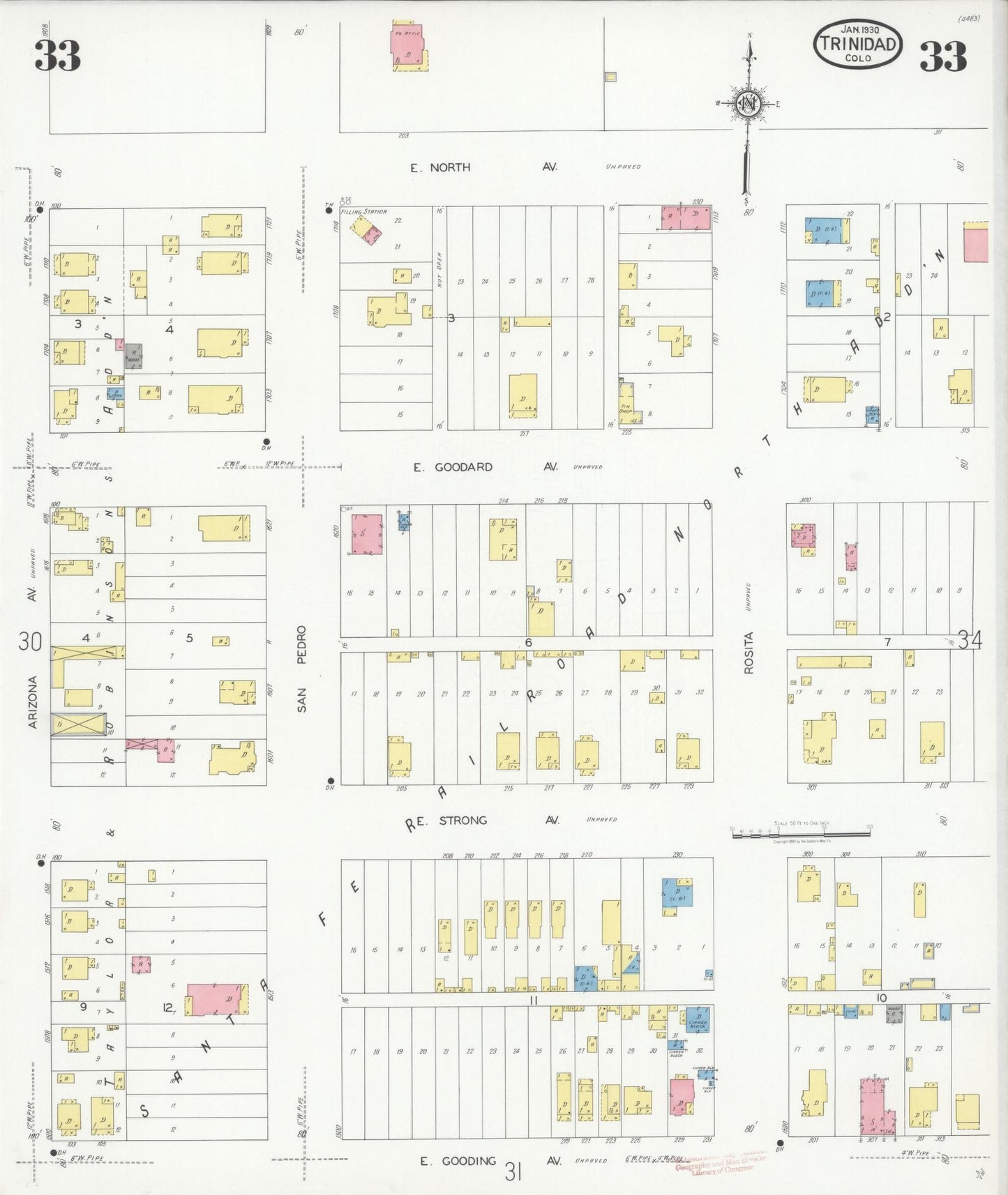 Sanborn Fire Insurance Map from Trinidad, Las Animas County, Colorado (1930), Sheet #0033 - Complete Map Set gallery image, historic Sanborn map, vintage wall art, Colorado Colorado