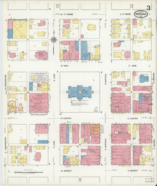 Sanborn Fire Insurance Map from Warsaw, Kosciusko County, Indiana (1917), Sheet #0003 - Historic Sanborn Fire Insurance Map Print, vintage old map wall art, antique decor, genealogy gift, Indiana Indiana map