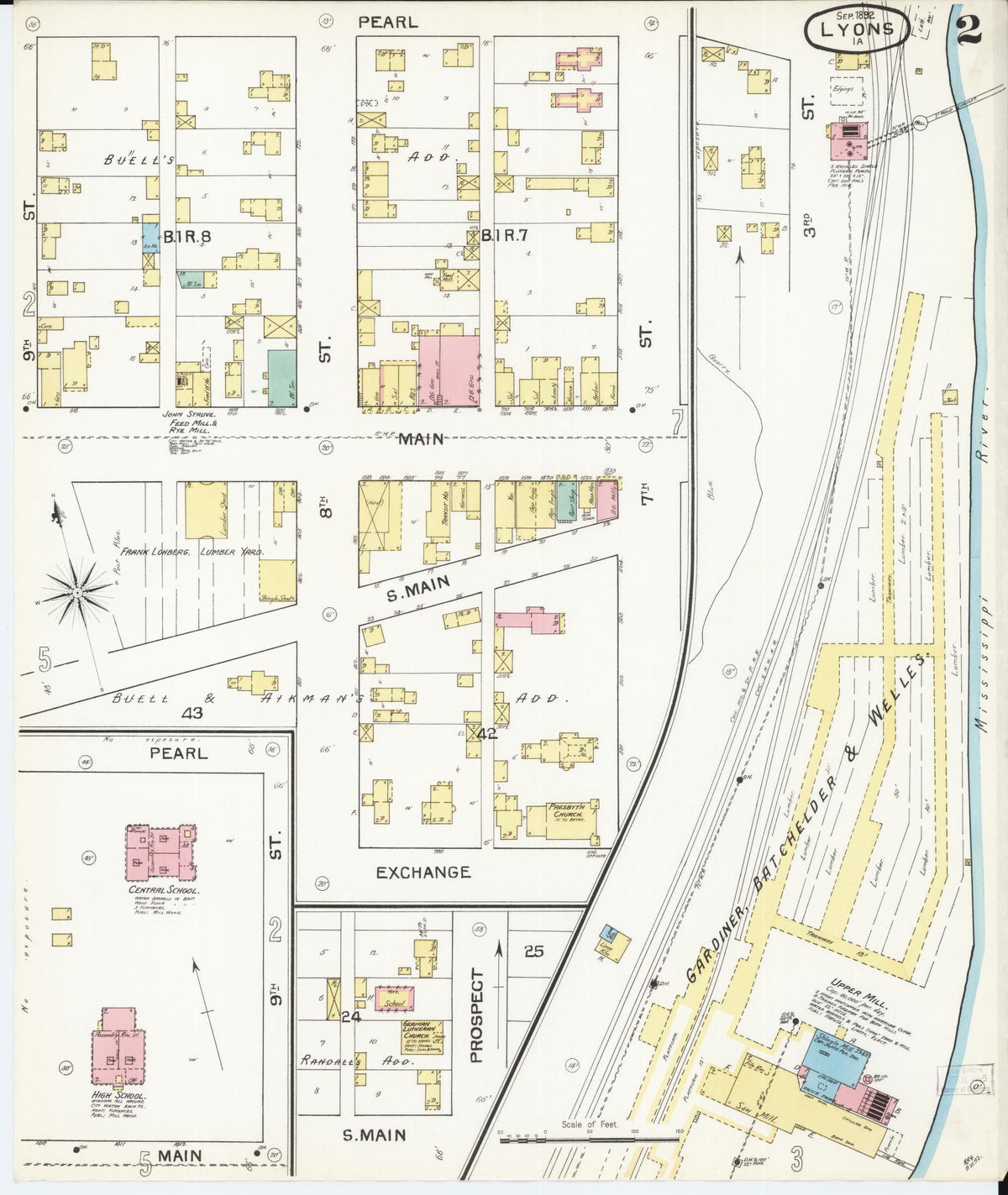 Sanborn Fire Insurance Map from Lyons, Clinton County, Iowa (1892), Sheet #0002 - Historic Sanborn Fire Insurance Map Print, vintage old map wall art