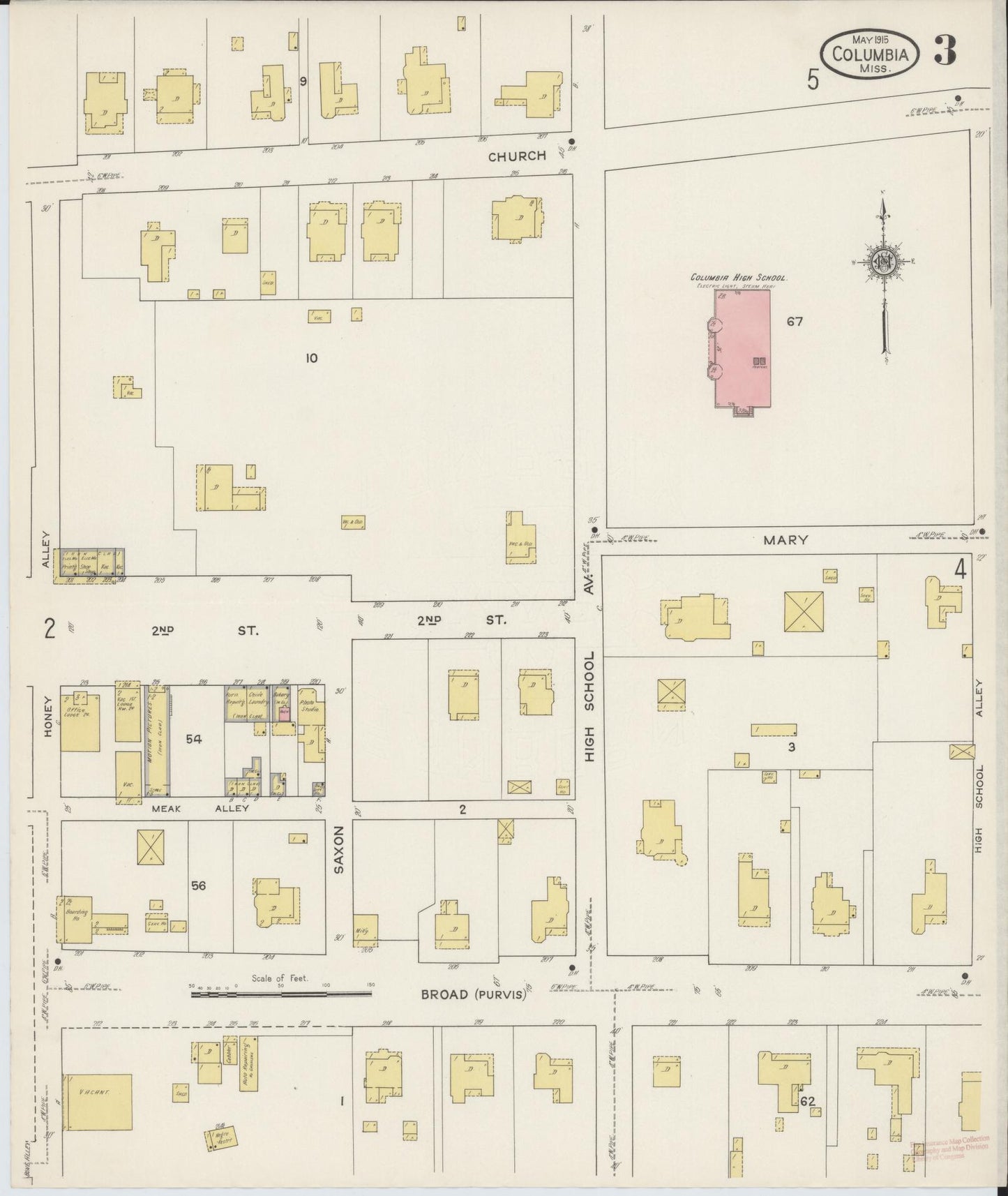 Sanborn Fire Insurance Map from Columbia, Marion County, Mississippi (1915), Sheet #0003 - Historic Sanborn Fire Insurance Map Print, vintage old map wall art, antique decor, genealogy gift, Mississippi Mississippi map