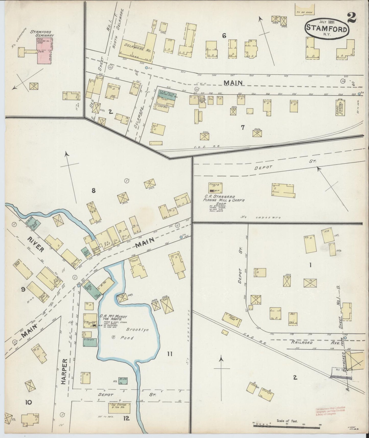 Sanborn Fire Insurance Map from Stamford, Delaware County, New York (1891), Sheet #0002 - Historic Sanborn Fire Insurance Map Print, vintage old map wall art, antique decor, genealogy gift, Stamford Delaware map