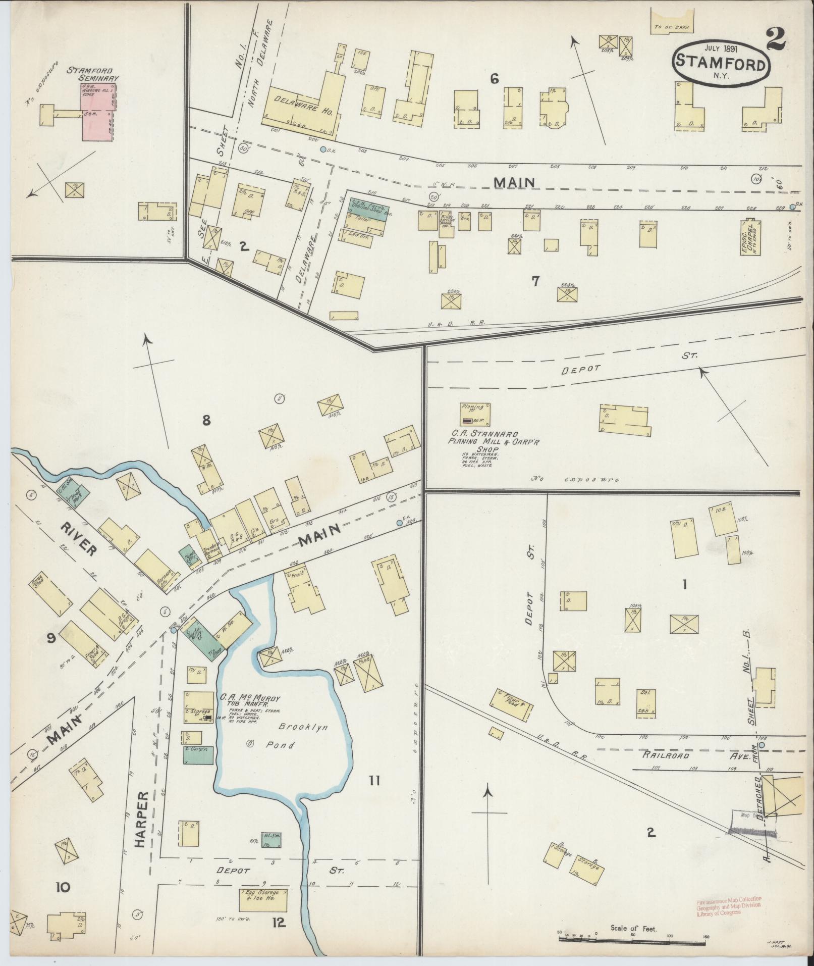 Sanborn Fire Insurance Map from Stamford, Delaware County, New York (1891), Sheet #0002 - Historic Sanborn Fire Insurance Map Print, vintage old map wall art, antique decor, genealogy gift, Stamford Delaware map