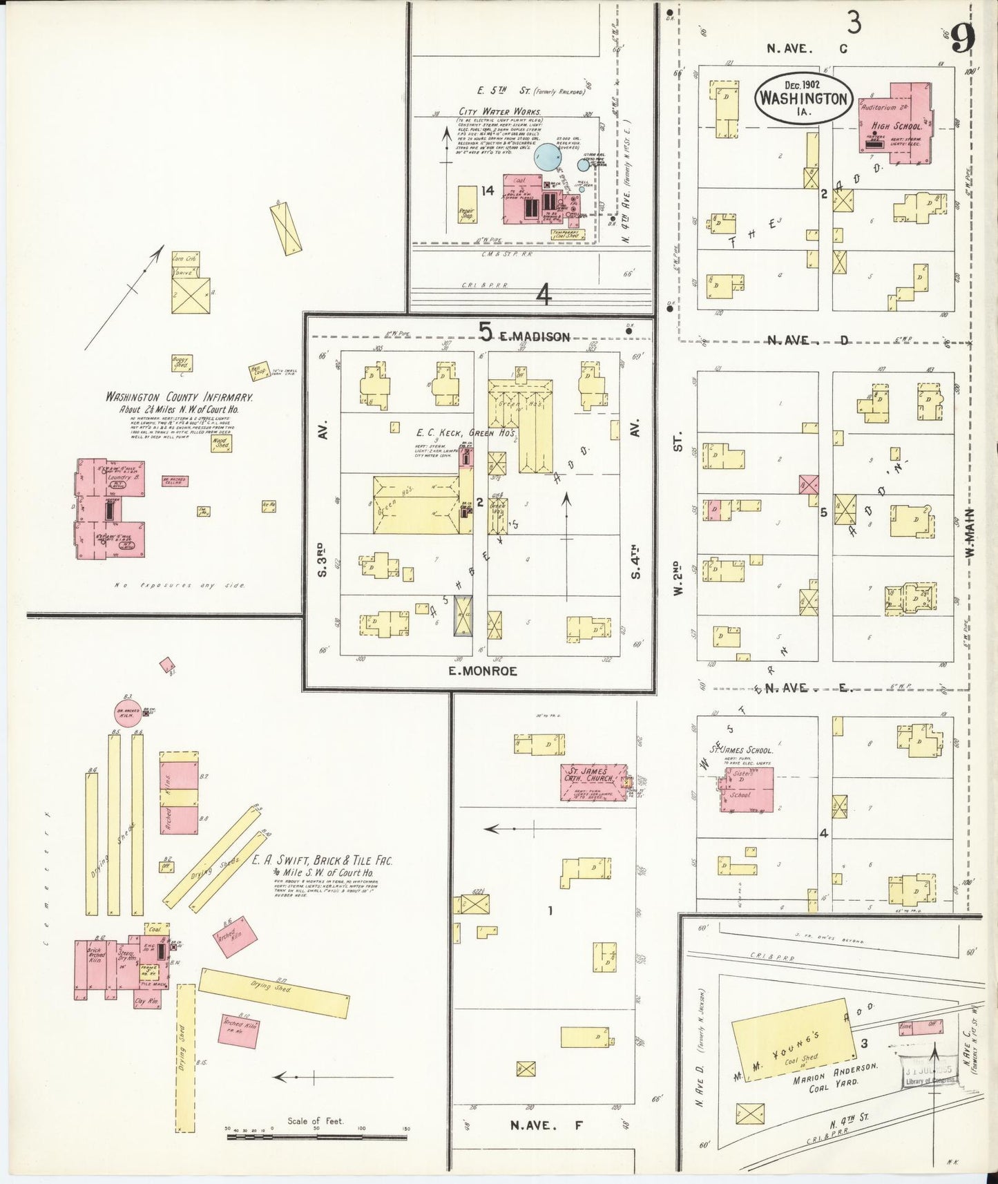 Sanborn Fire Insurance Map from Washington, Washington County, Iowa (1902), Sheet #0009 - Historic Sanborn Fire Insurance Map Print, vintage old map wall art