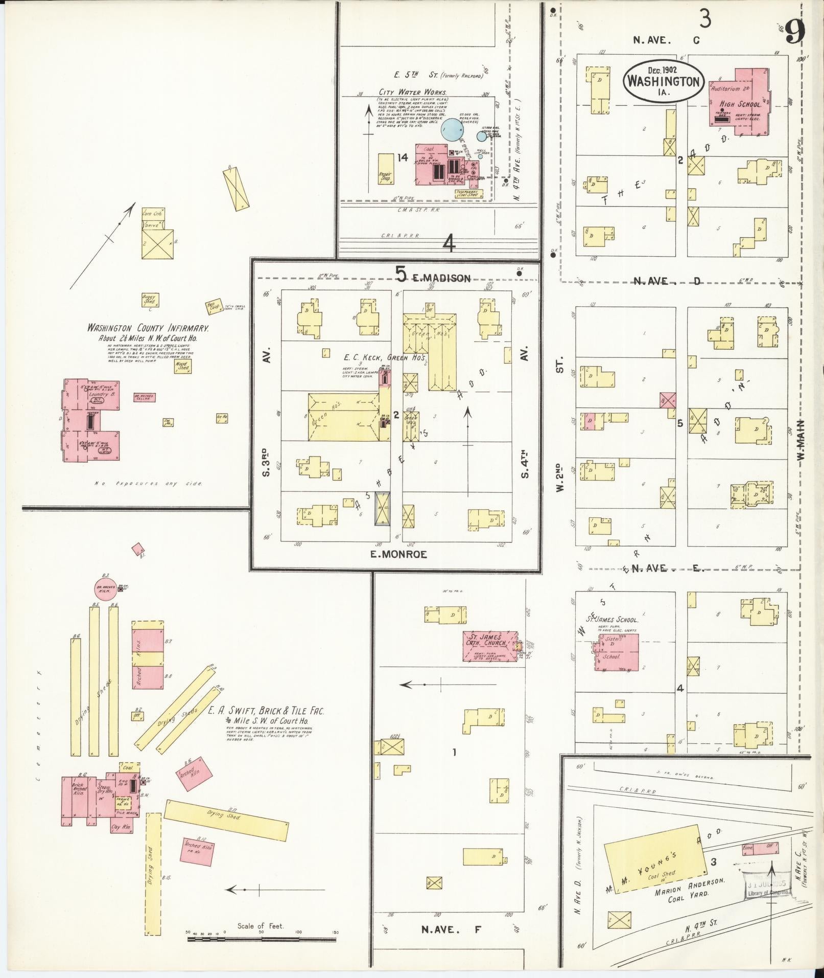 Sanborn Fire Insurance Map from Washington, Washington County, Iowa (1902), Sheet #0009 - Historic Sanborn Fire Insurance Map Print, vintage old map wall art