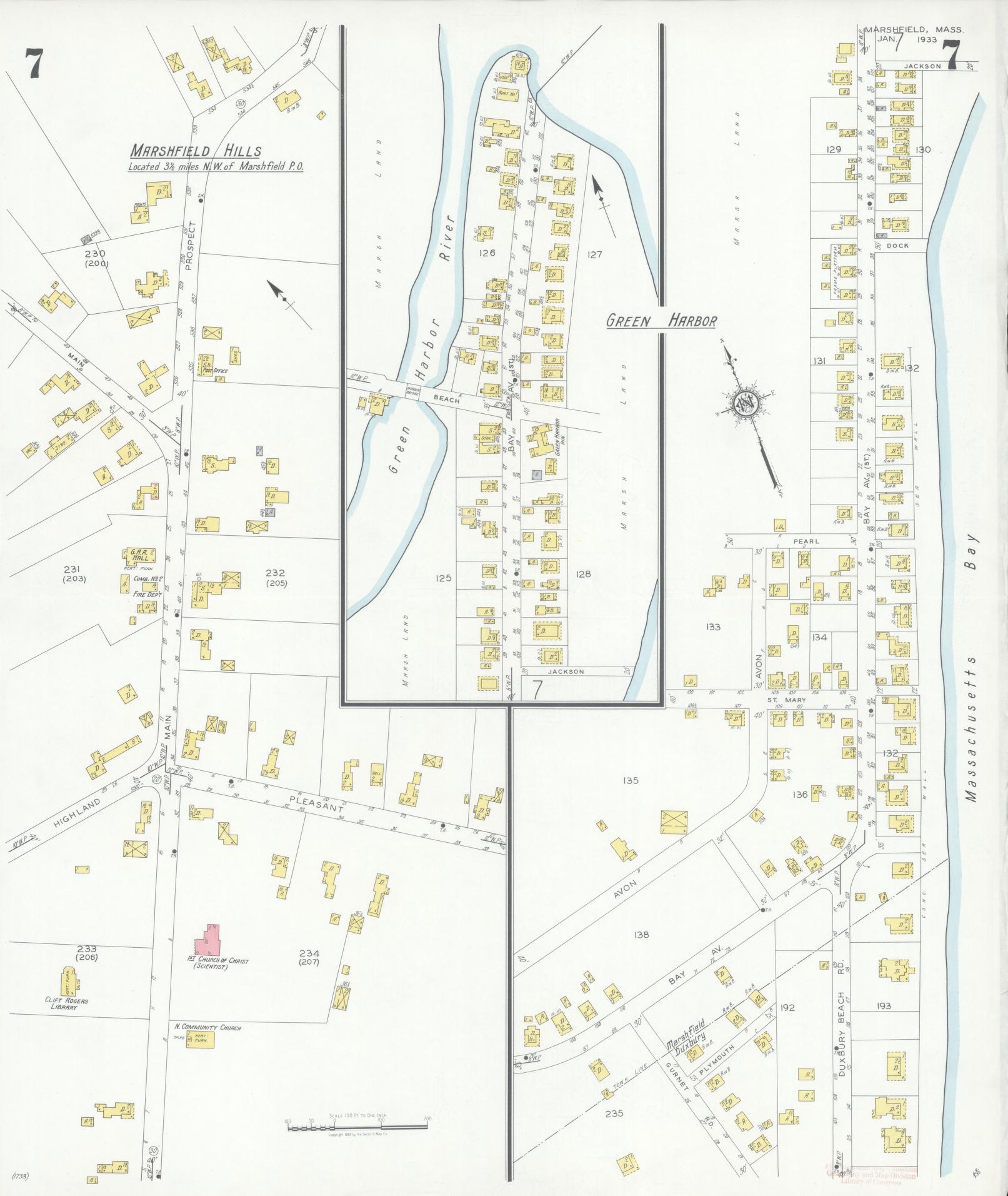 Sanborn Fire Insurance Map from Marshfield, Plymouth County, Massachusetts (1933), Sheet #0007 - Complete Map Set gallery image, historic Sanborn map, vintage wall art, Massachusetts Massachusetts