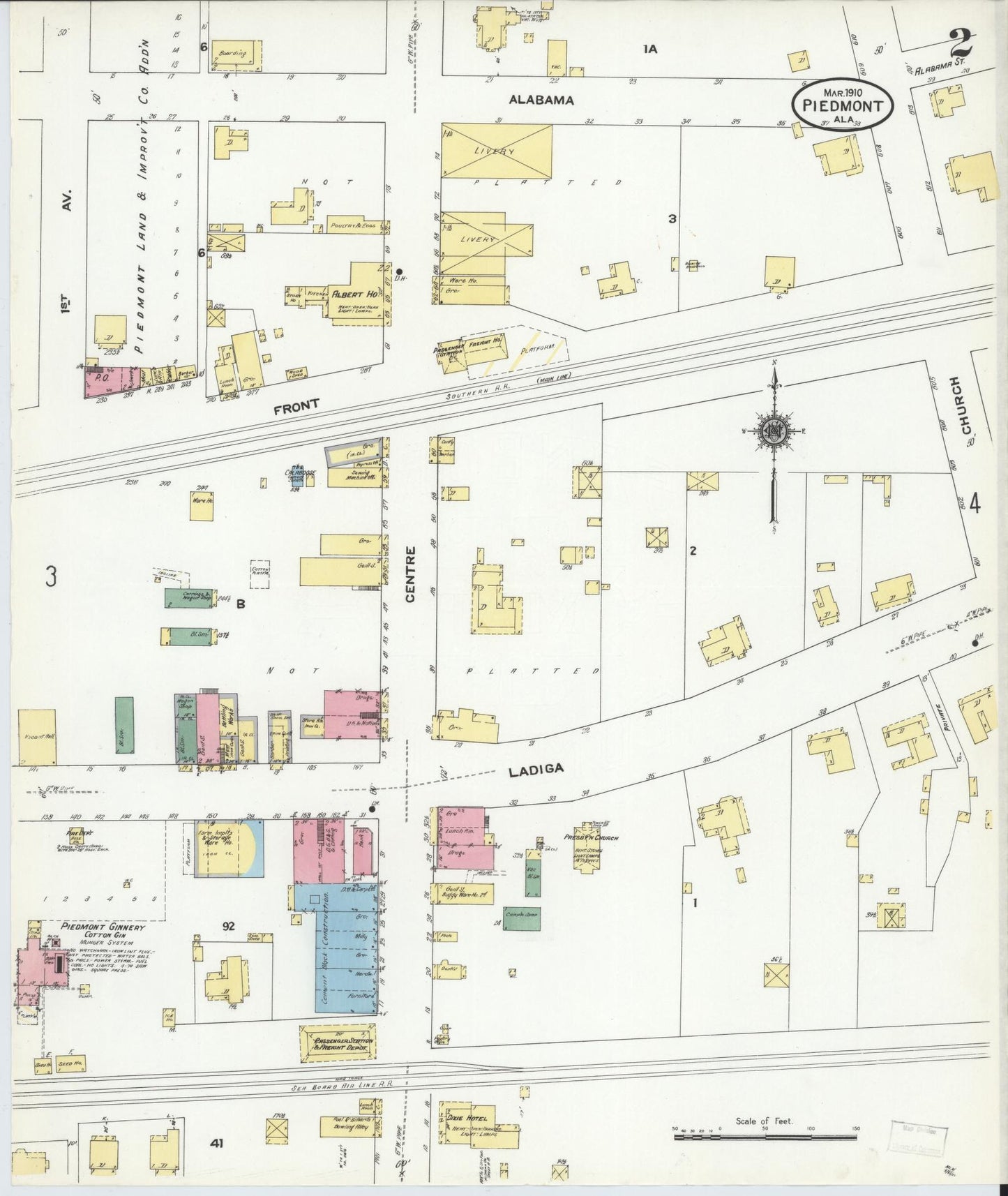 Sanborn Fire Insurance Map from Piedmont, Calhoun County, Alabama (1910), Sheet #0002 - Complete Map Set gallery image, historic Sanborn map, vintage wall art, Alabama Alabama