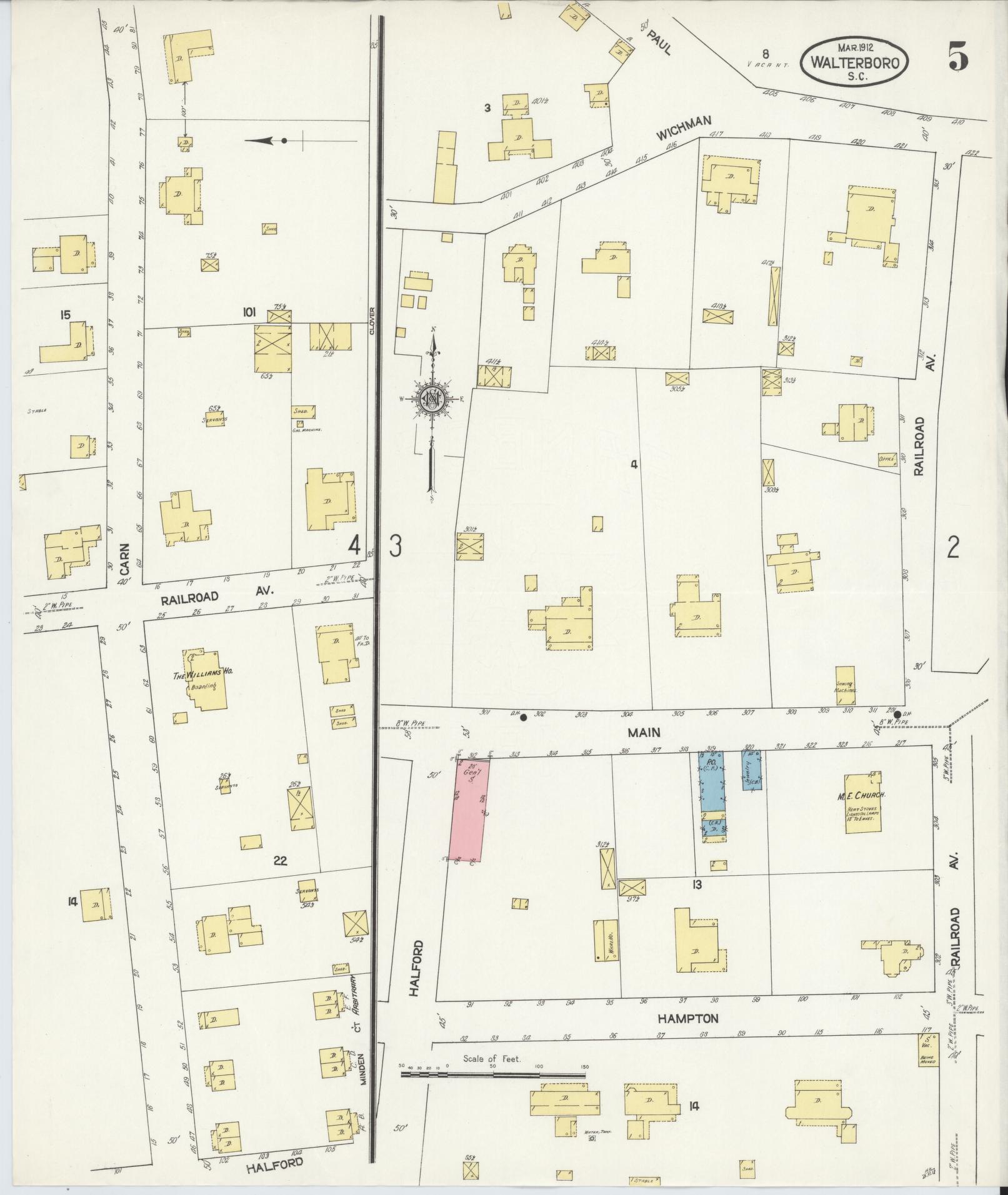 Sanborn Fire Insurance Map from Walterboro, Colleton County, South Carolina (1912), Sheet #0005 - Complete Map Set gallery image, historic Sanborn map, vintage wall art, South Carolina South Carolina