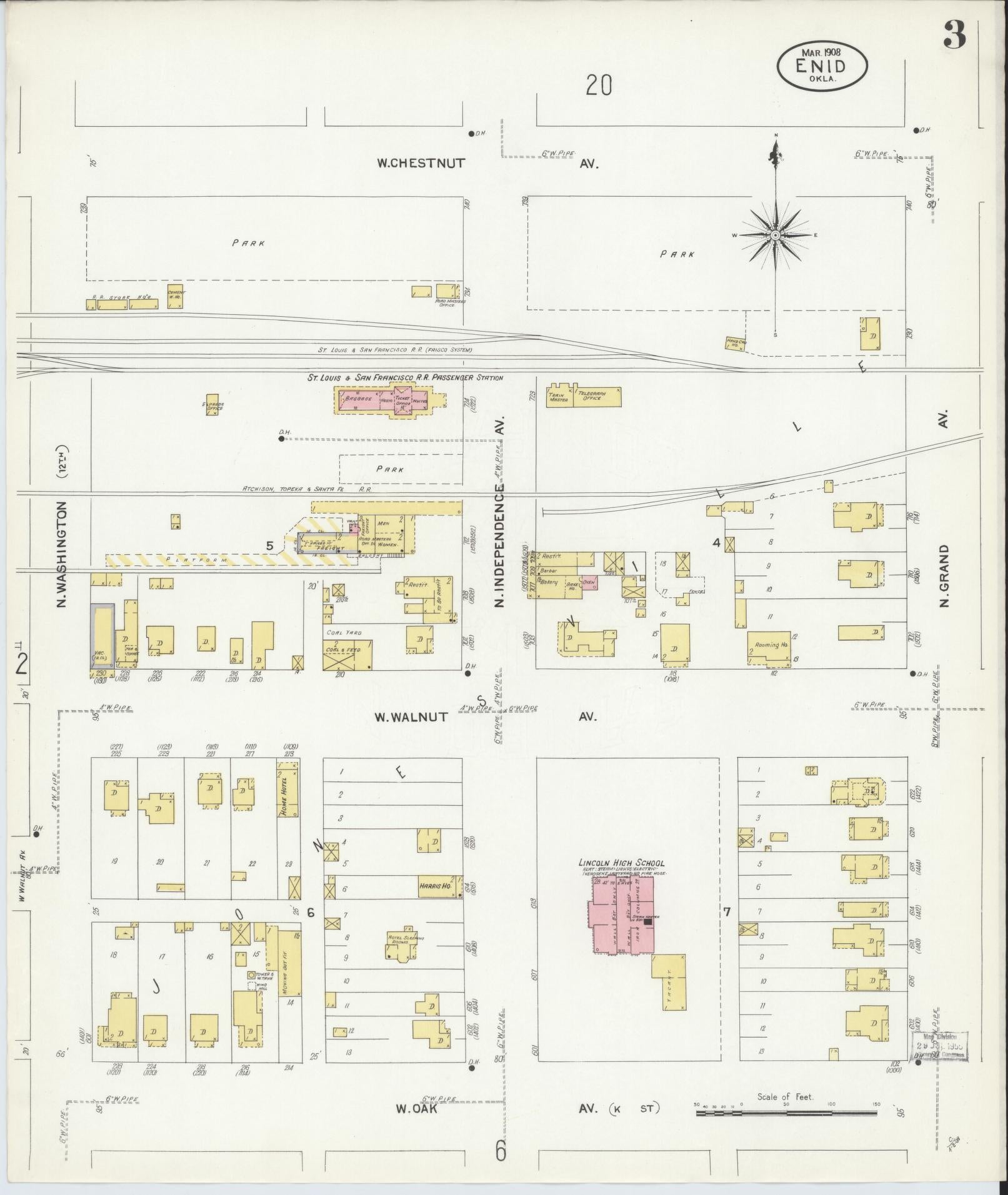 Sanborn Fire Insurance Map from Enid, Garfield County, Oklahoma (1908), Sheet #0003 - Historic Sanborn Fire Insurance Map Print, vintage old map wall art, antique decor, genealogy gift, Oklahoma Oklahoma map