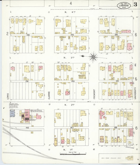 Sanborn Fire Insurance Map from Laramie, Albany County, Wyoming (1907), Sheet #0003 - Historic Sanborn Fire Insurance Map Print, vintage old map wall art, antique decor, genealogy gift, Wyoming Wyoming map