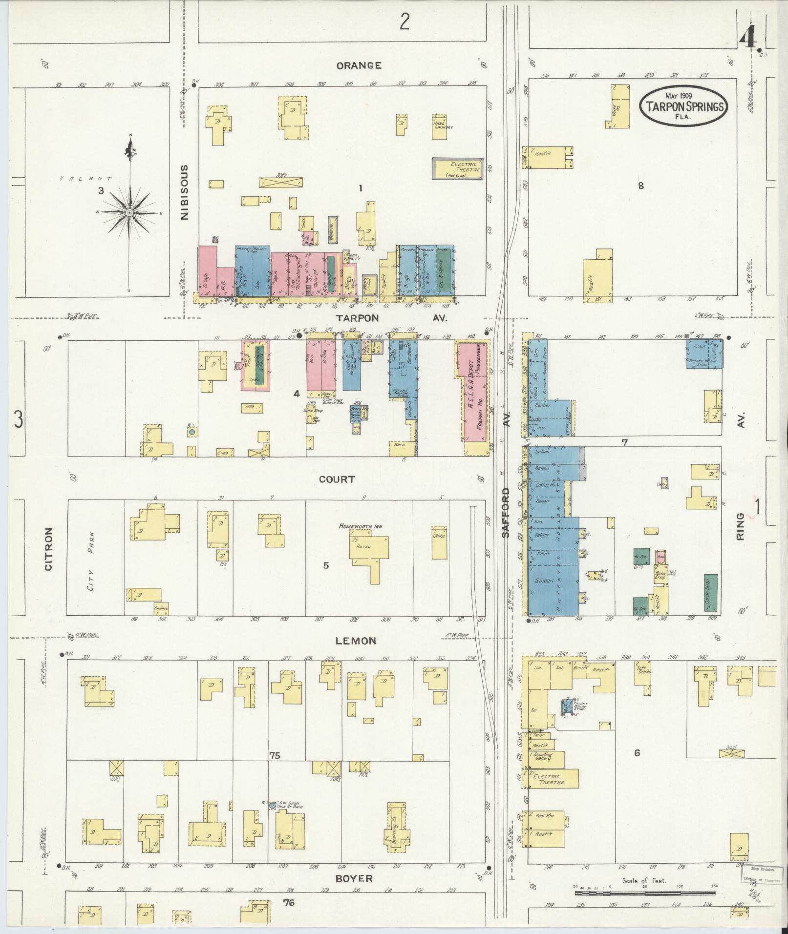 Sanborn Fire Insurance Map from Tarpon Springs, Pinellas County, Florida (1909), Sheet #0004 - Complete Map Set gallery image, historic Sanborn map, vintage wall art, Florida Florida