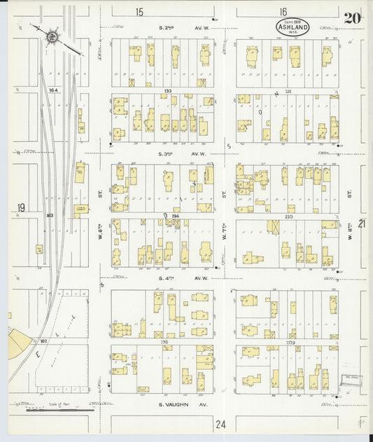 Sanborn Fire Insurance Map from Ashland, Ashland County, Wisconsin (1909), Sheet #0020 - Historic Sanborn Fire Insurance Map Print, vintage old map wall art, antique decor, genealogy gift, Wisconsin Wisconsin map