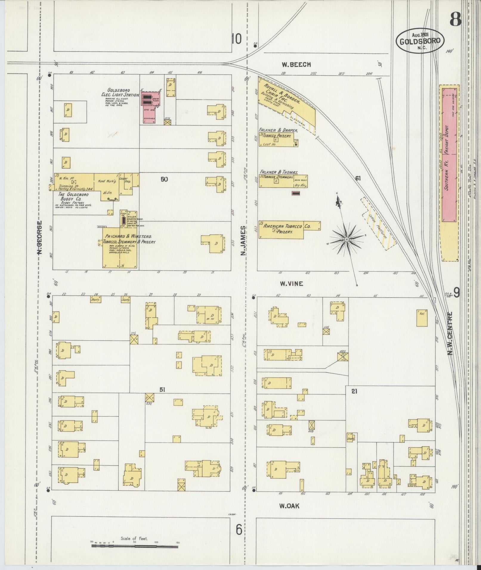 Sanborn Fire Insurance Map from Goldsboro, Wayne County, North Carolina (1901), Sheet #0008 - Complete Map Set gallery image, historic Sanborn map, vintage wall art, North Carolina North Carolina
