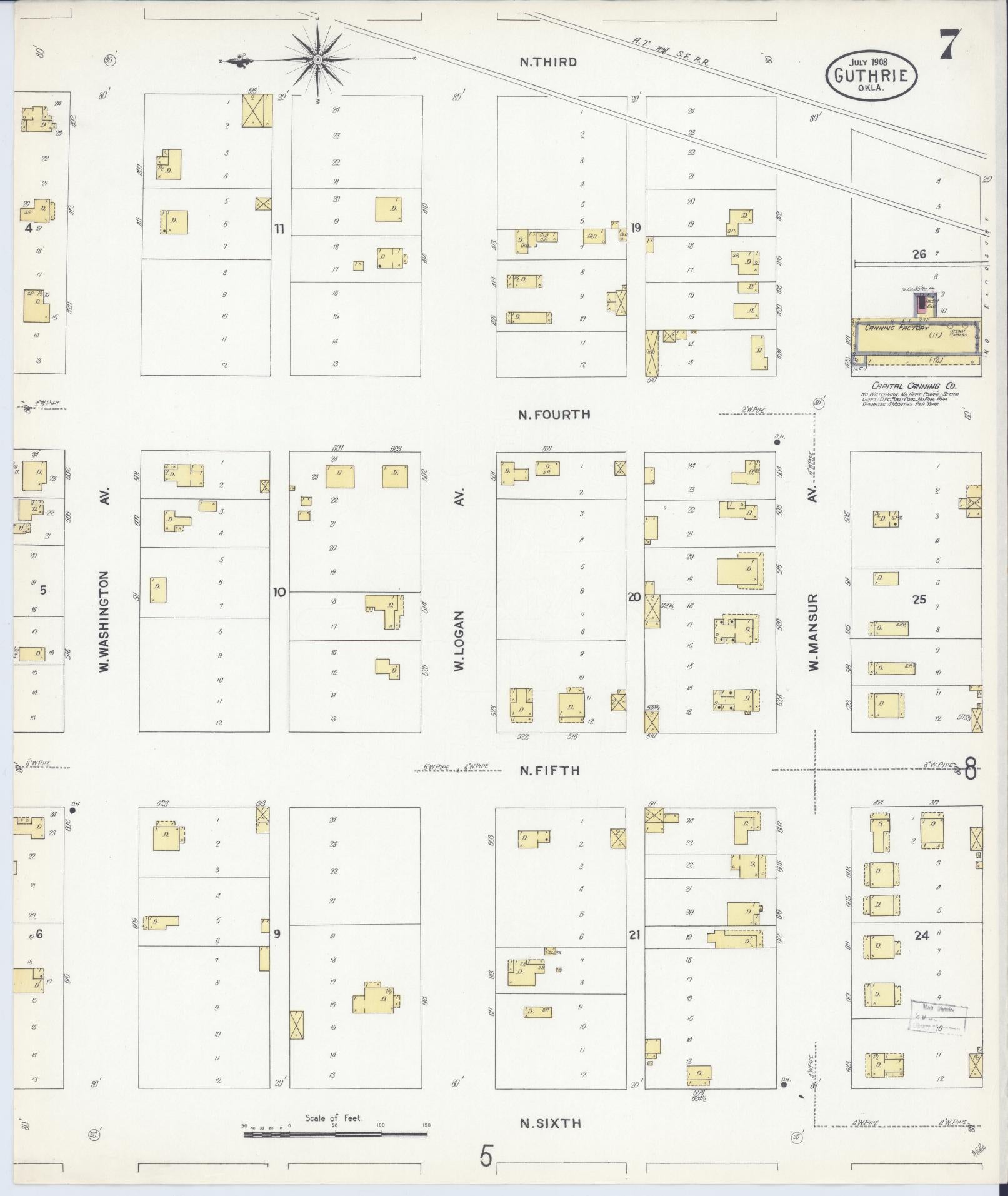 Sanborn Fire Insurance Map from Guthrie, Logan County, Oklahoma (1908), Sheet #0007 - Historic Sanborn Fire Insurance Map Print, vintage old map wall art, antique decor, genealogy gift, Oklahoma Oklahoma map