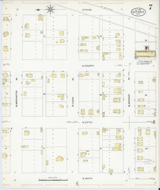Sanborn Fire Insurance Map from Guthrie, Logan County, Oklahoma (1908), Sheet #0007 - Historic Sanborn Fire Insurance Map Print, vintage old map wall art, antique decor, genealogy gift, Oklahoma Oklahoma map