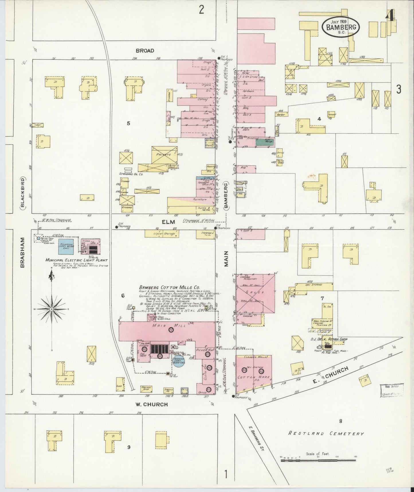 Sanborn Fire Insurance Map from Bamberg, Bamberg County, South Carolina (1909), Sheet #0004 - Historic Sanborn Fire Insurance Map Print, vintage old map wall art, antique decor, genealogy gift, South Carolina South Carolina map