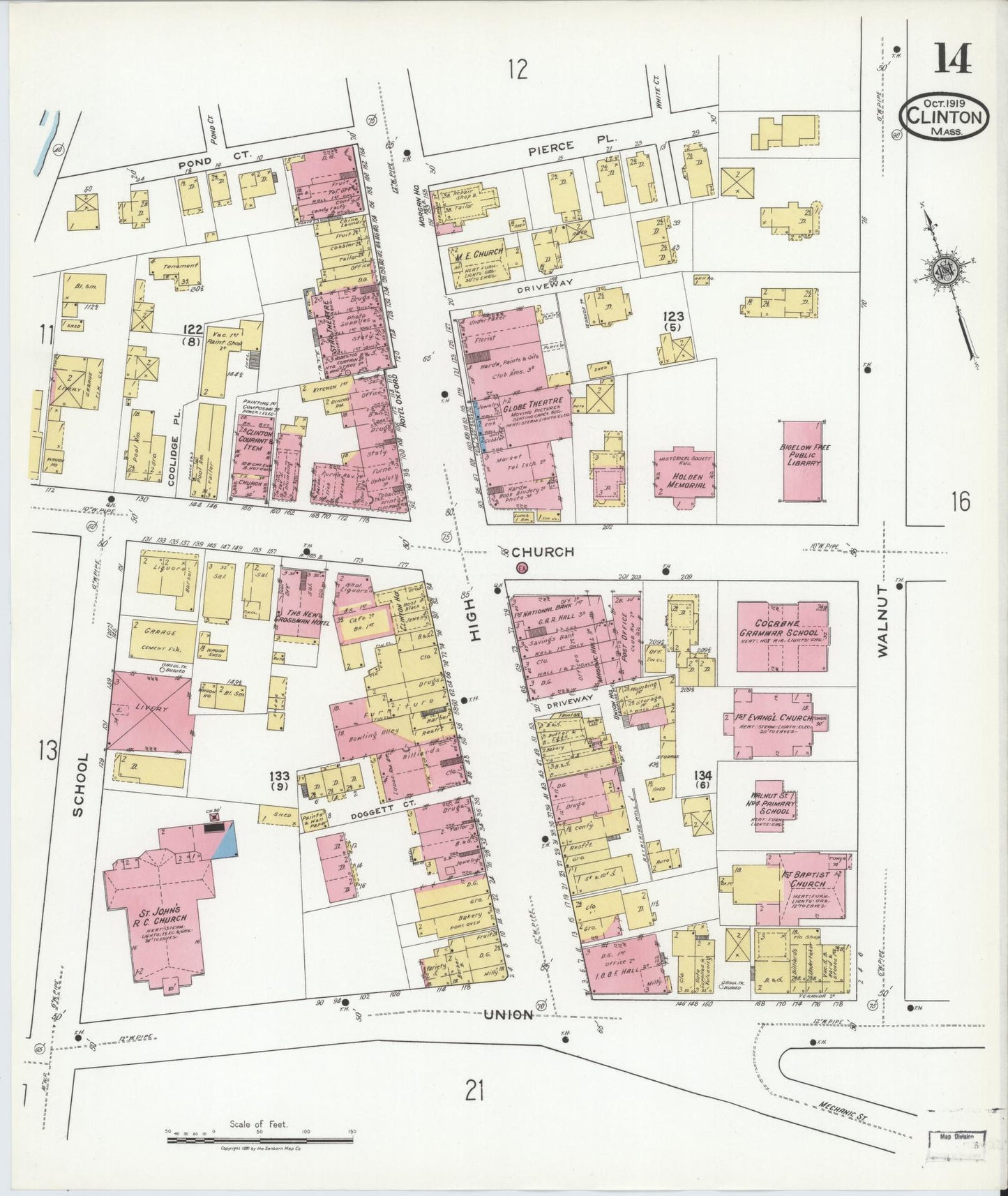 Sanborn Fire Insurance Map from Clinton, Worcester County, Massachusetts (1919), Sheet #0014 - Historic Sanborn Fire Insurance Map Print, vintage old map wall art, antique decor, genealogy gift, Massachusetts Massachusetts map