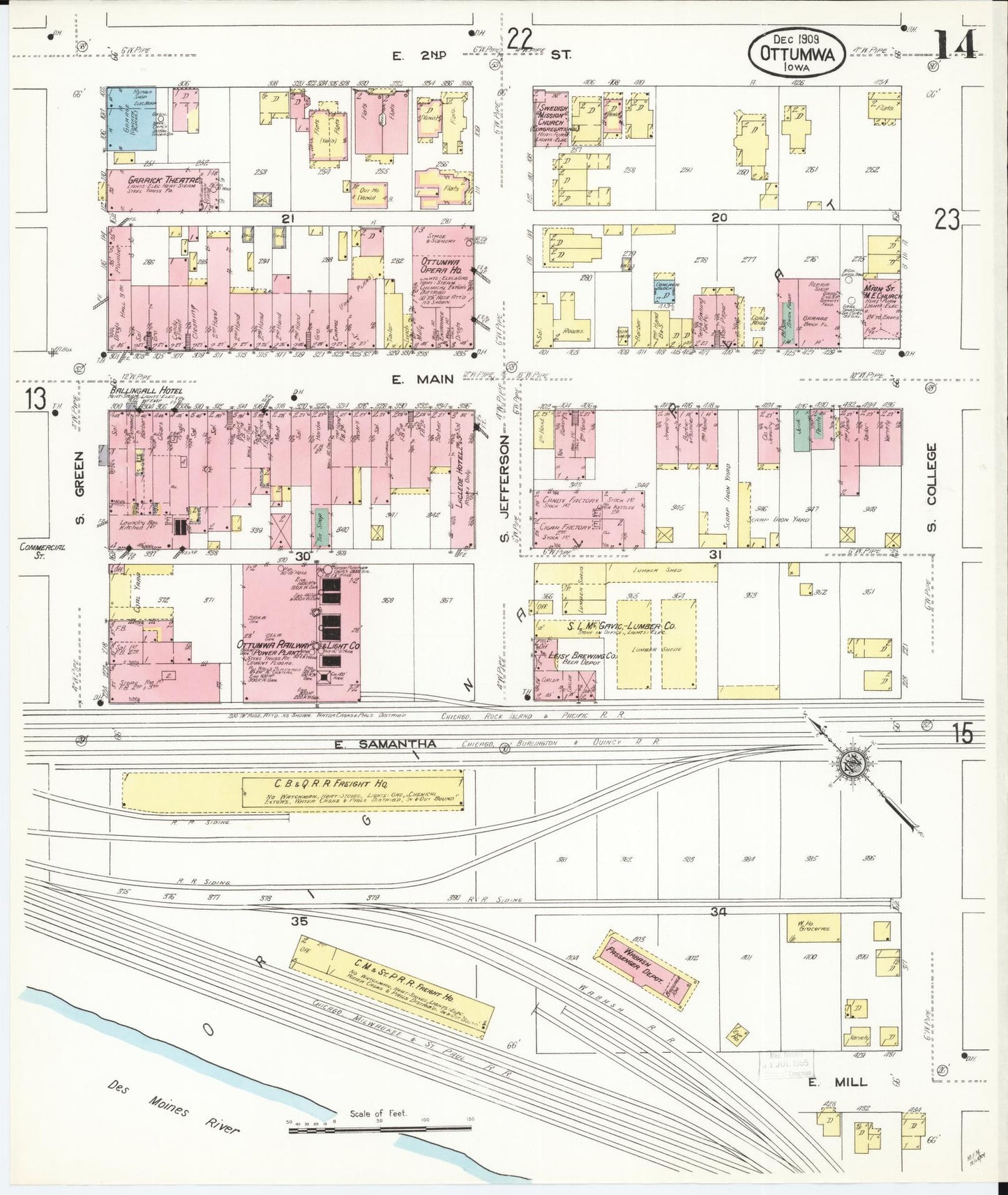 Sanborn Fire Insurance Map from Ottumwa, Wapello County, Iowa (1909), Sheet #0014 - Historic Sanborn Fire Insurance Map Print, vintage old map wall art