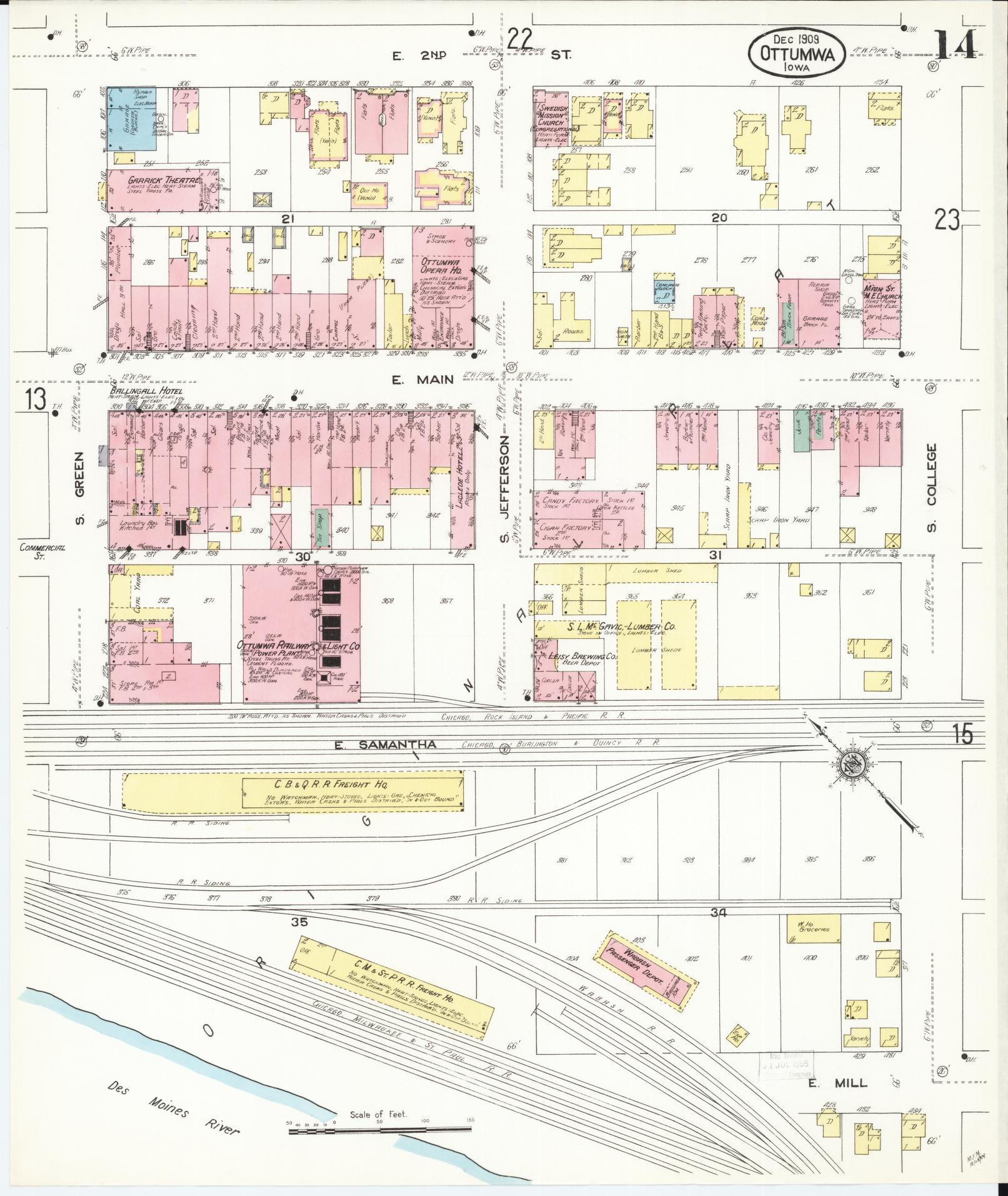 Sanborn Fire Insurance Map from Ottumwa, Wapello County, Iowa (1909), Sheet #0014 - Historic Sanborn Fire Insurance Map Print, vintage old map wall art