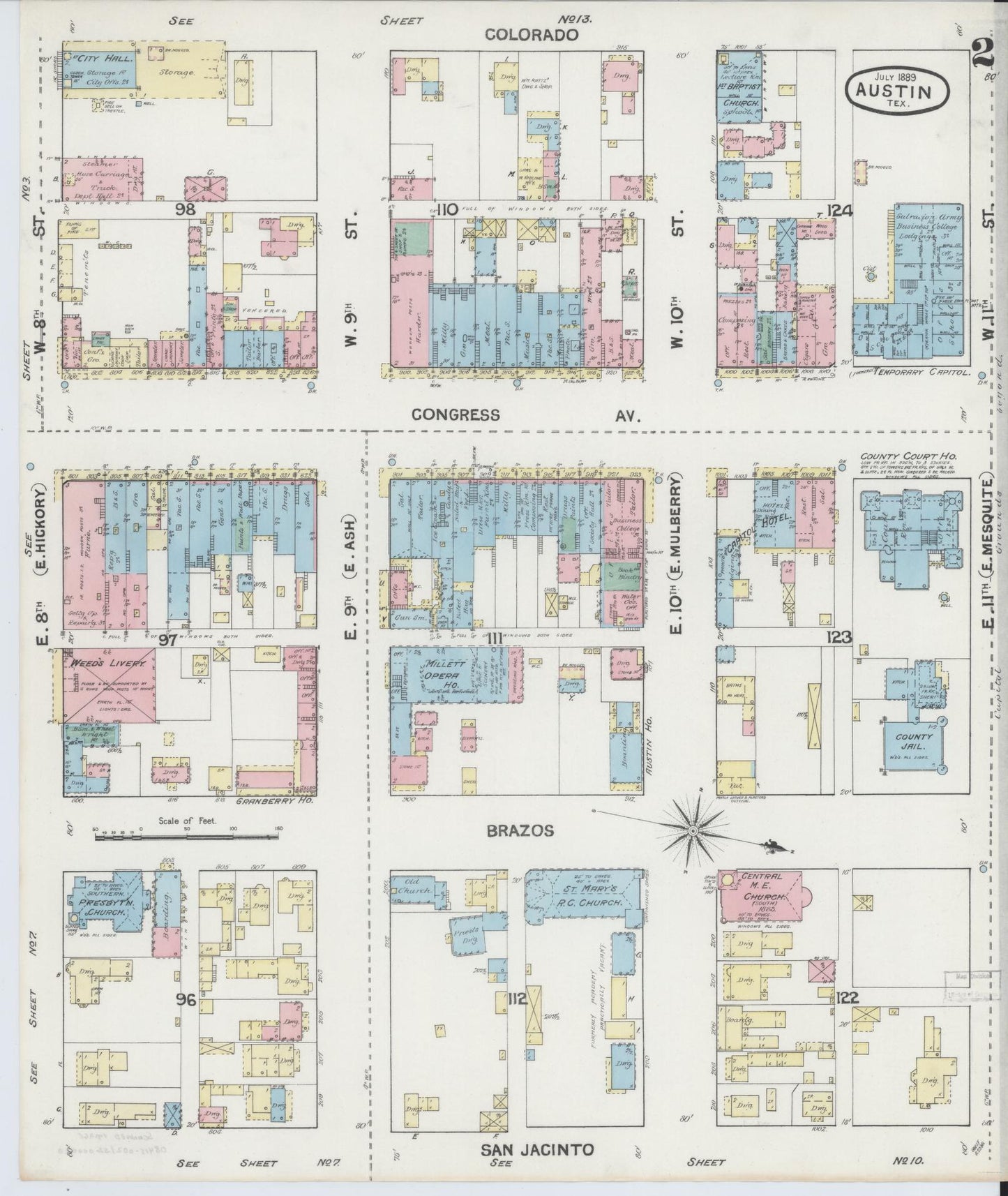Sanborn Fire Insurance Map from Austin, Travis County, Texas (1889), Sheet #0002 - Historic Sanborn Fire Insurance Map Print, vintage old map wall art, antique decor, genealogy gift, Texas Texas map