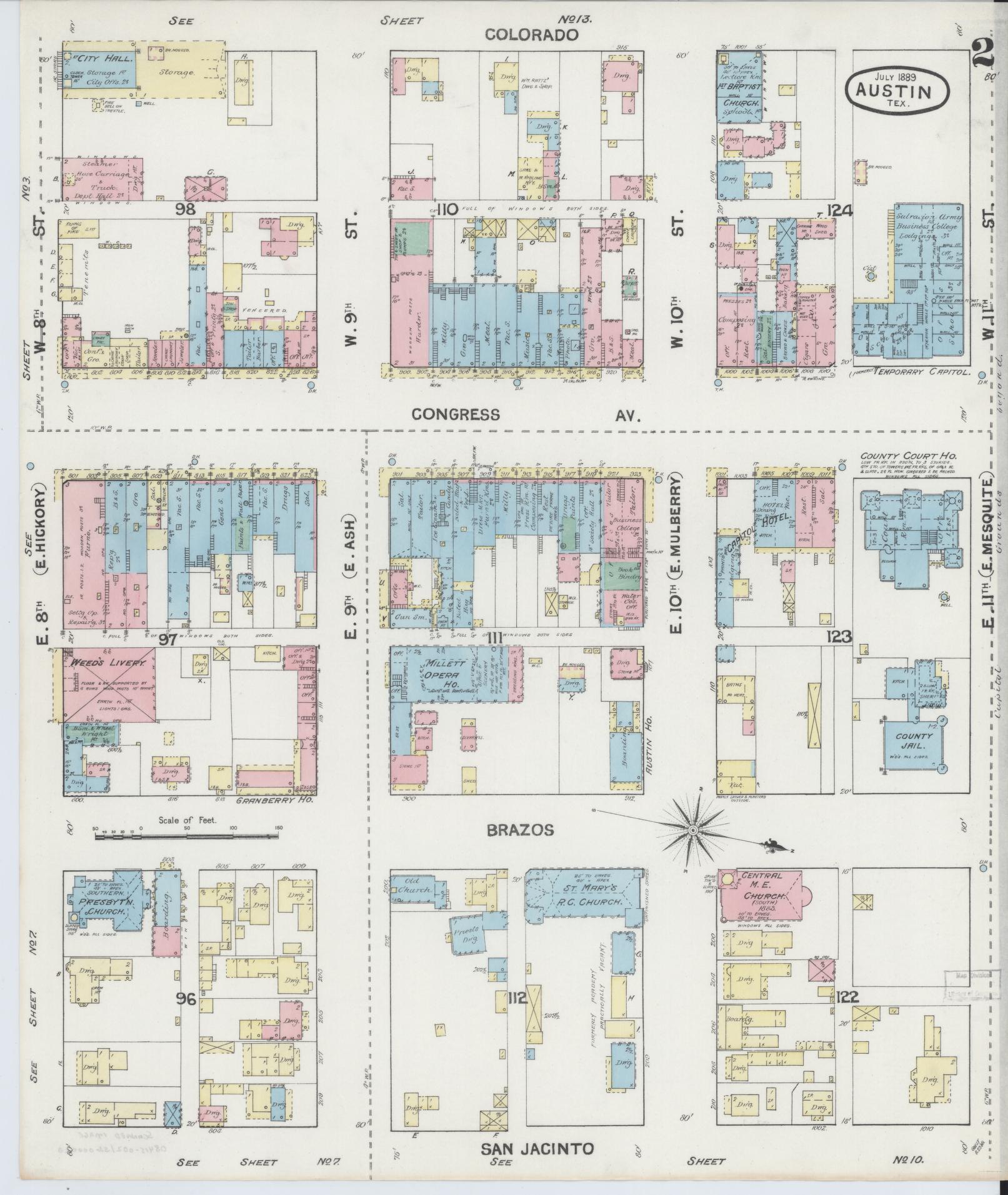 Sanborn Fire Insurance Map from Austin, Travis County, Texas (1889), Sheet #0002 - Historic Sanborn Fire Insurance Map Print, vintage old map wall art, antique decor, genealogy gift, Texas Texas map