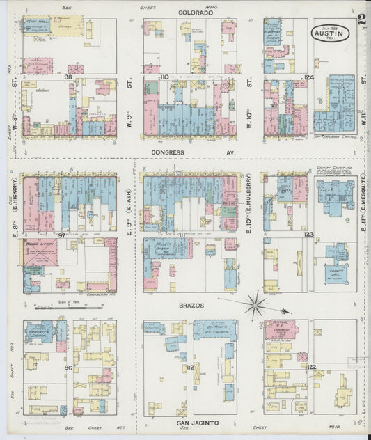 Sanborn Fire Insurance Map from Austin, Travis County, Texas (1889), Sheet #0002 - Historic Sanborn Fire Insurance Map Print, vintage old map wall art, antique decor, genealogy gift, Texas Texas map