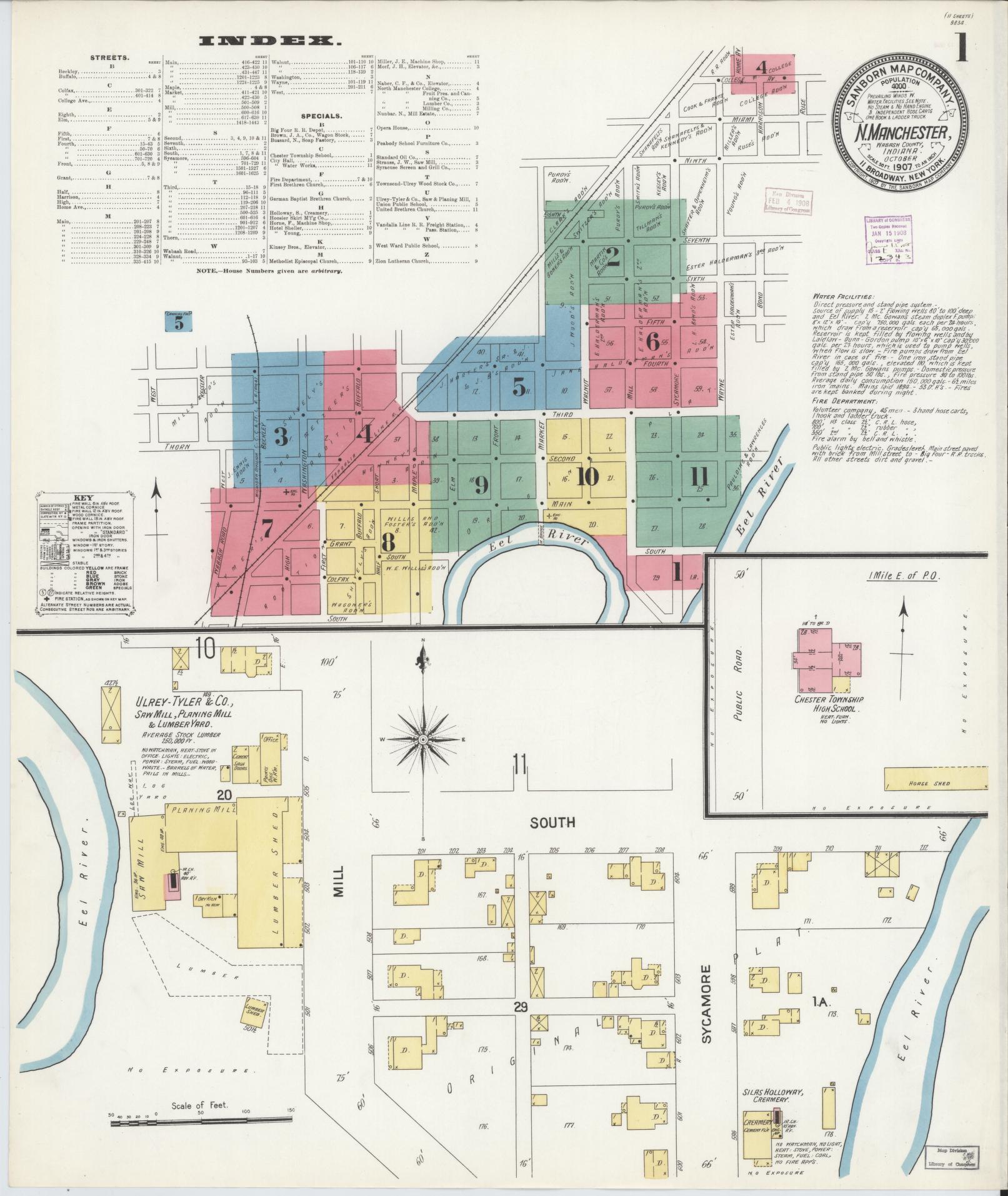 Sanborn Fire Insurance Map from North Manchester, Wabash County, Indiana (1907), Sheet #0001 - Historic Sanborn Fire Insurance Map Print, vintage old map wall art, antique decor, genealogy gift, Indiana Indiana map