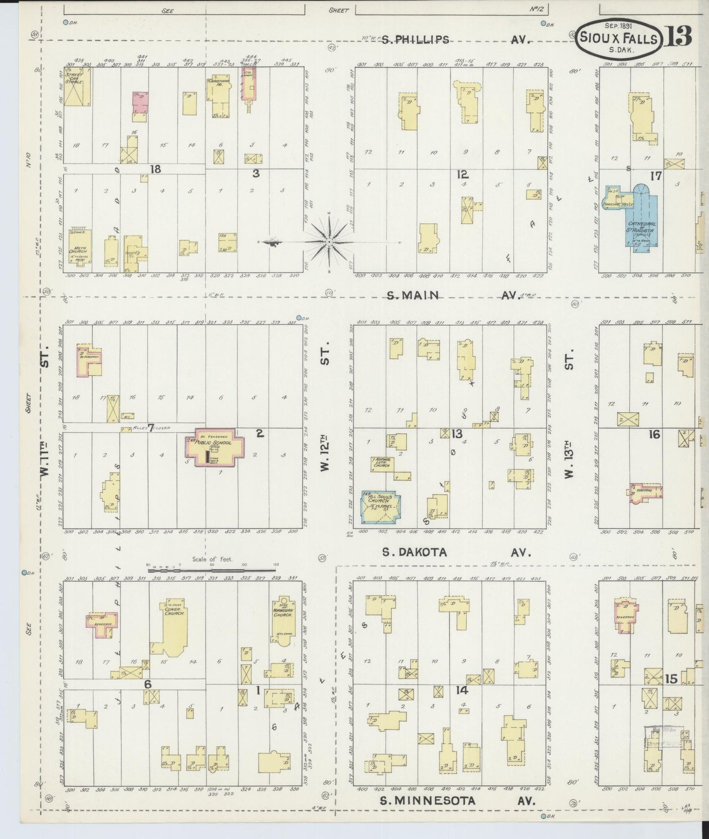 Sanborn Fire Insurance Map from Sioux Falls, Minnehaha County, South Dakota (1891), Sheet #0013 - Complete Map Set gallery image, historic Sanborn map, vintage wall art, South Dakota South Dakota