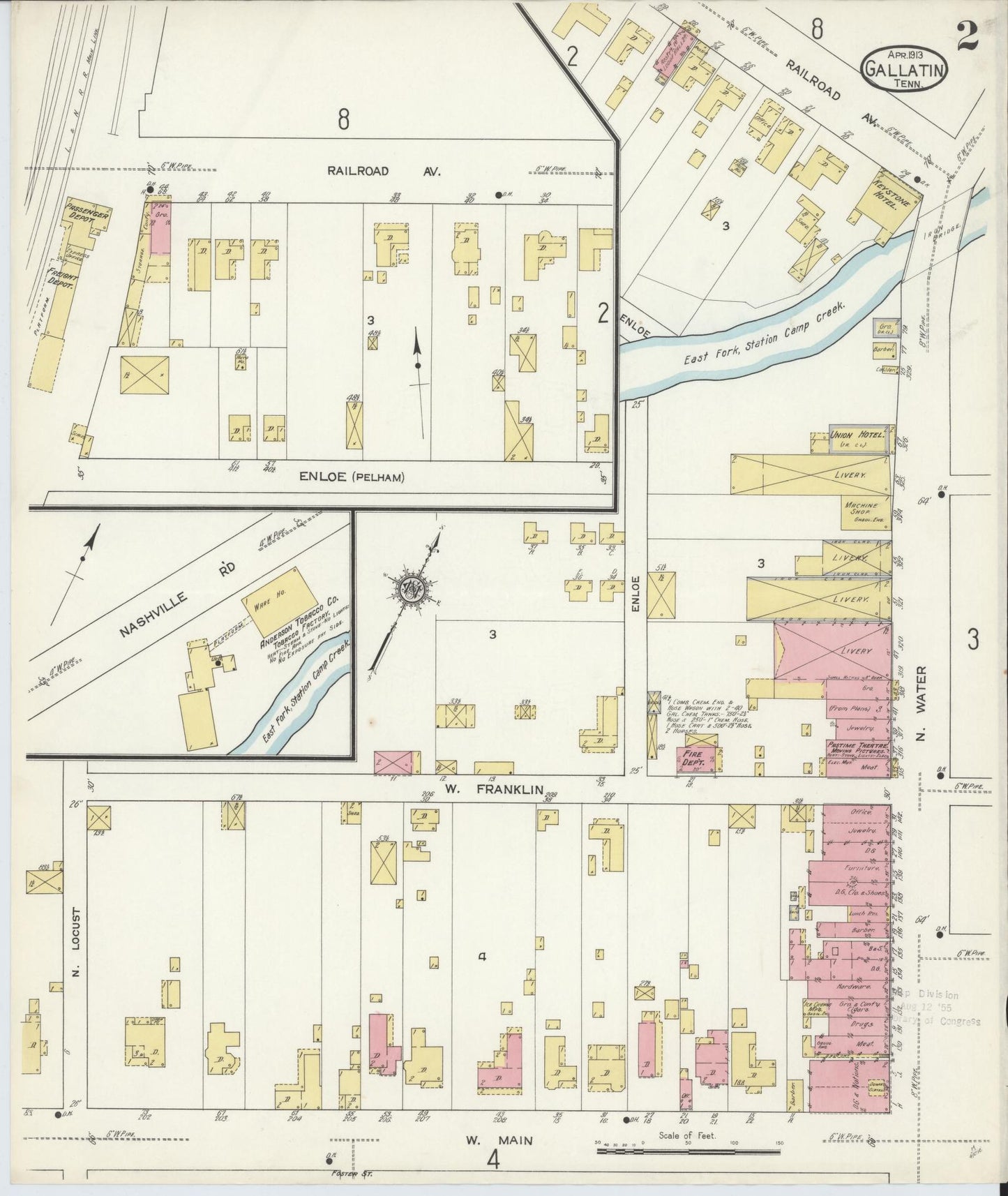 Sanborn Fire Insurance Map from Gallatin, Sumner County, Tennessee (1913), Sheet #0002 - Complete Map Set gallery image, historic Sanborn map, vintage wall art, Tennessee Tennessee