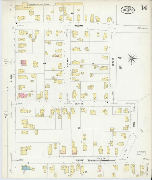 Sanborn Fire Insurance Map from Malone, Franklin County, New York (1908), Sheet #0014 - Historic Sanborn Fire Insurance Map Print, vintage old map wall art, antique decor, genealogy gift, New York New York map