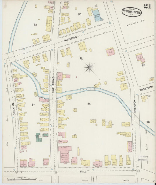 Sanborn Fire Insurance Map from Poughkeepsie, Dutchess County, New York (1887), Sheet #0021 - Historic Sanborn Fire Insurance Map Print, vintage old map wall art, antique decor, genealogy gift, New York New York map