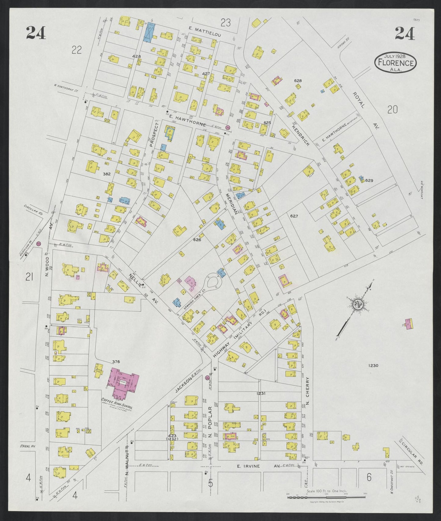 Sanborn Fire Insurance Map from Florence, Lauderdale County, Alabama (1928), Sheet #0024 - Complete Map Set gallery image, historic Sanborn map, vintage wall art, Alabama Alabama
