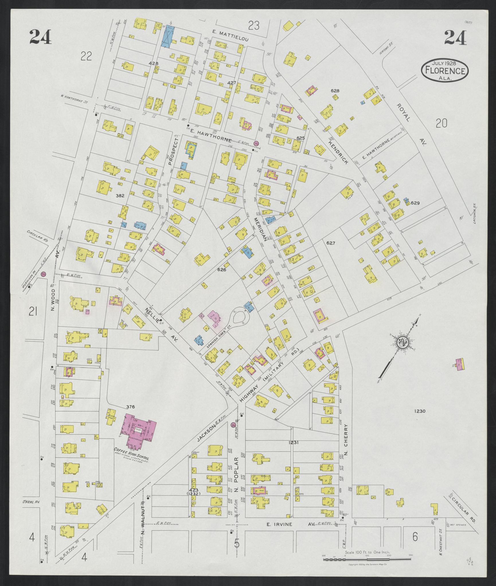 Sanborn Fire Insurance Map from Florence, Lauderdale County, Alabama (1928), Sheet #0024 - Complete Map Set gallery image, historic Sanborn map, vintage wall art, Alabama Alabama