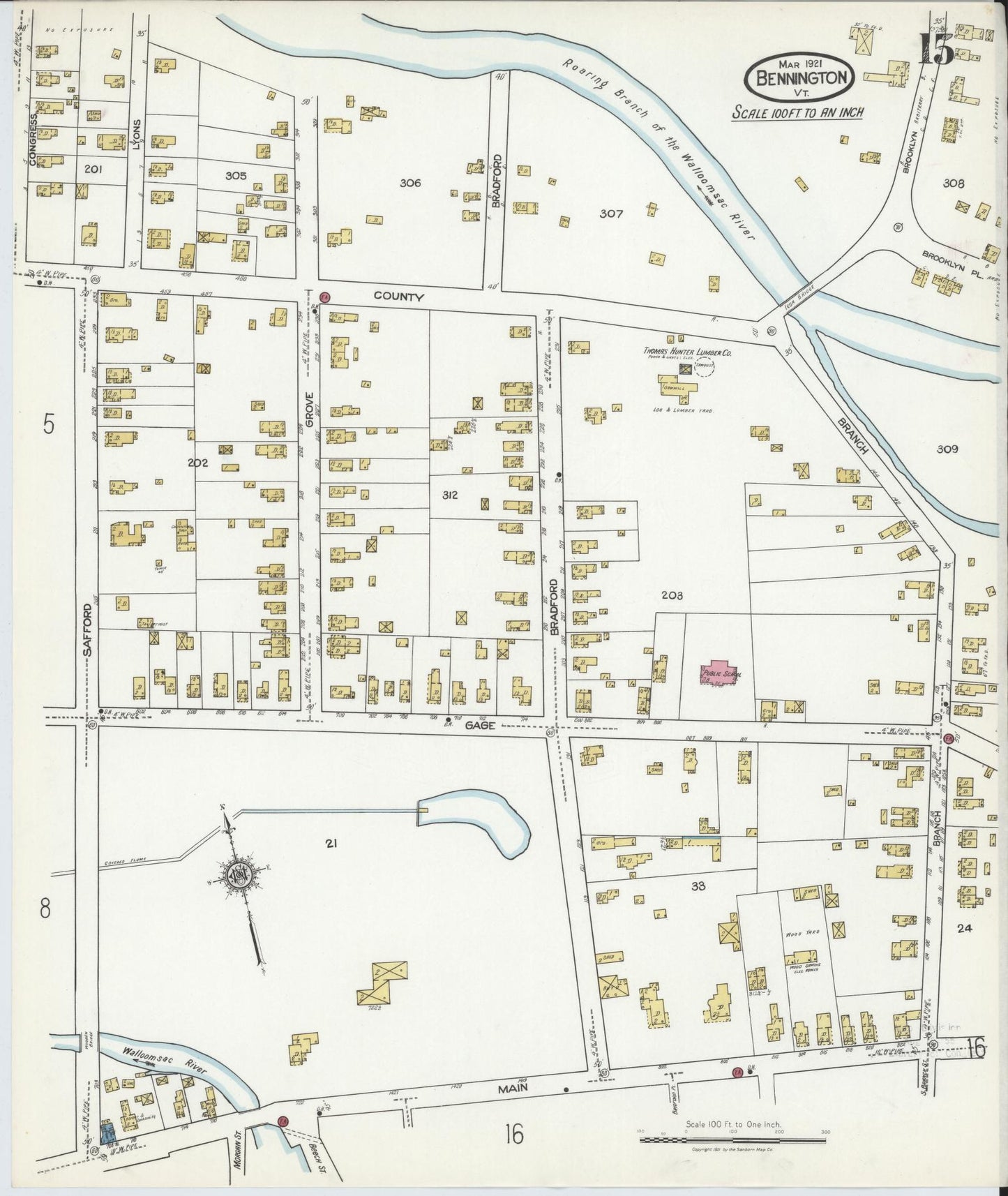 Sanborn Fire Insurance Map from Bennington, Bennington County, Vermont (1921), Sheet #0015 - Complete Map Set gallery image, historic Sanborn map, vintage wall art, Vermont Vermont